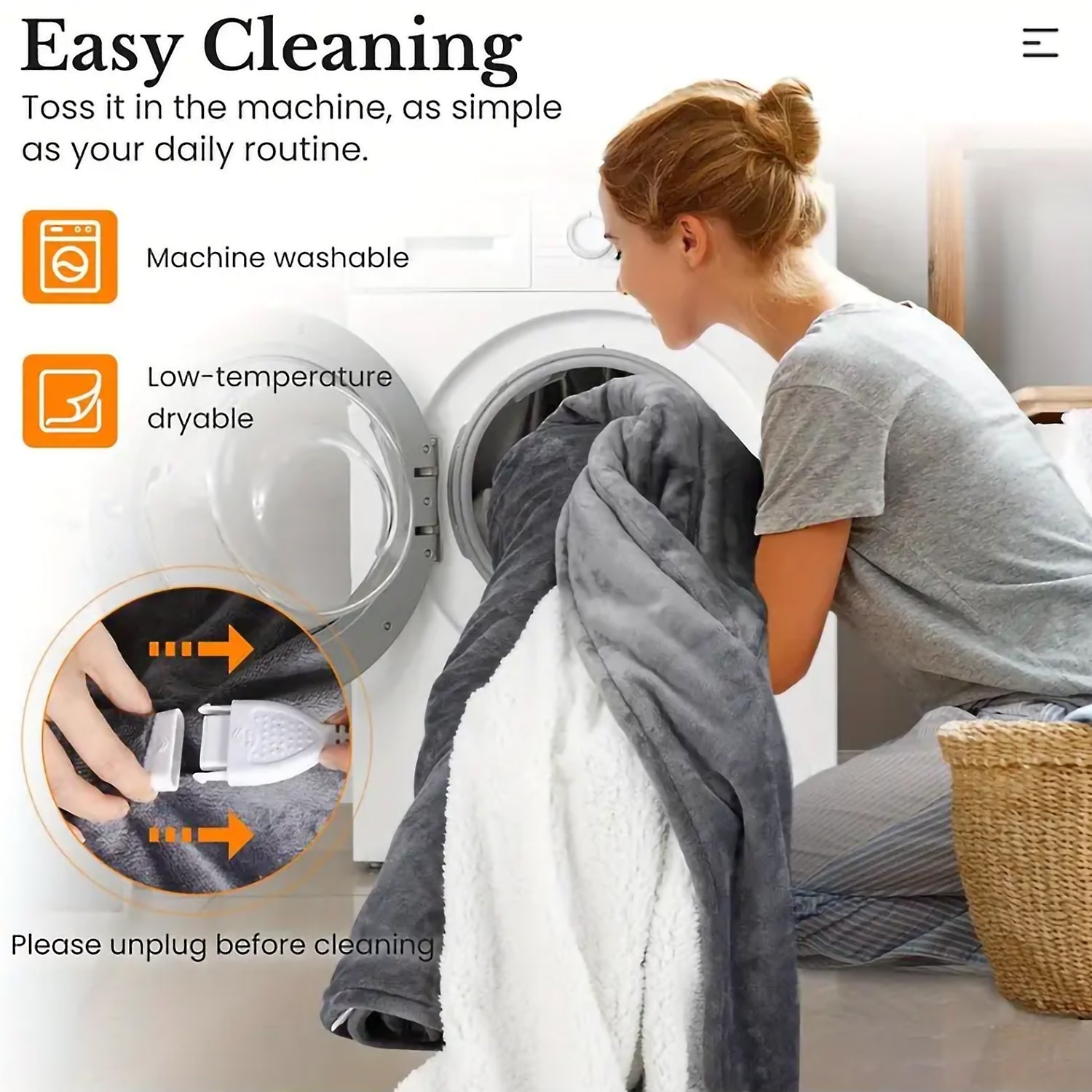 Gray and white plush heated blanket showing easy cleaning instructions
