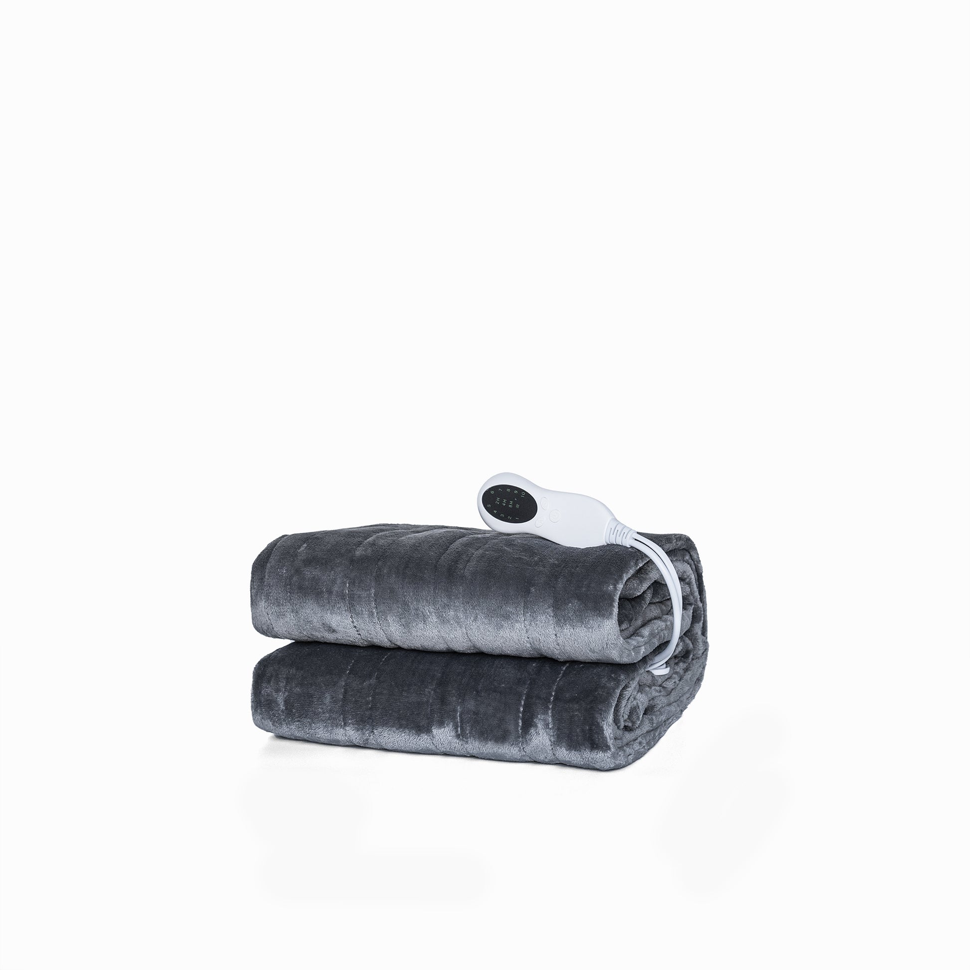 Dark grey plush heated blanket with controller folded on white background