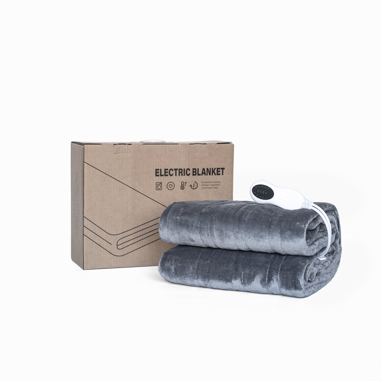 Soft grey electric blanket folded with controller and product box