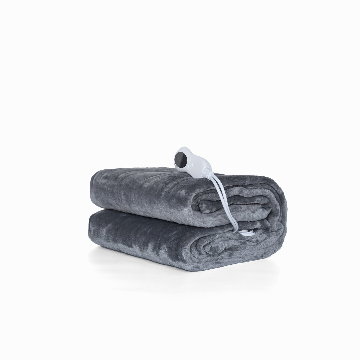 Soft grey electric blanket folded with controller attached