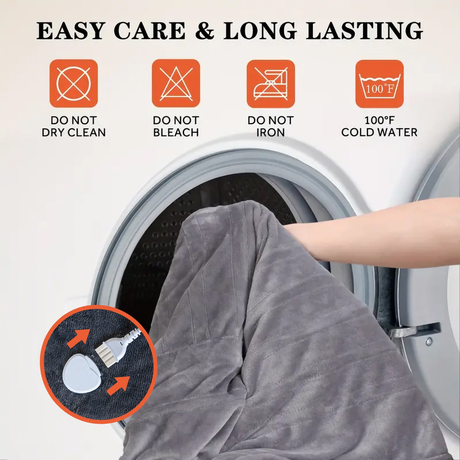 Gray plush heated blanket being placed in a washing machine for easy care