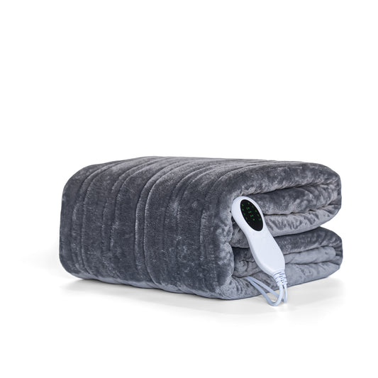 Plush grey electric blanket folded neatly with controller perfect for cozy winters