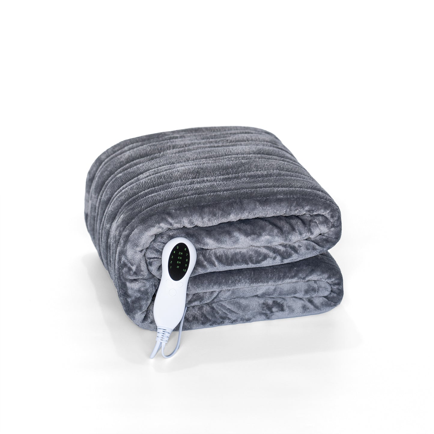 Plush grey electric blanket folded featuring a white controller with LED display