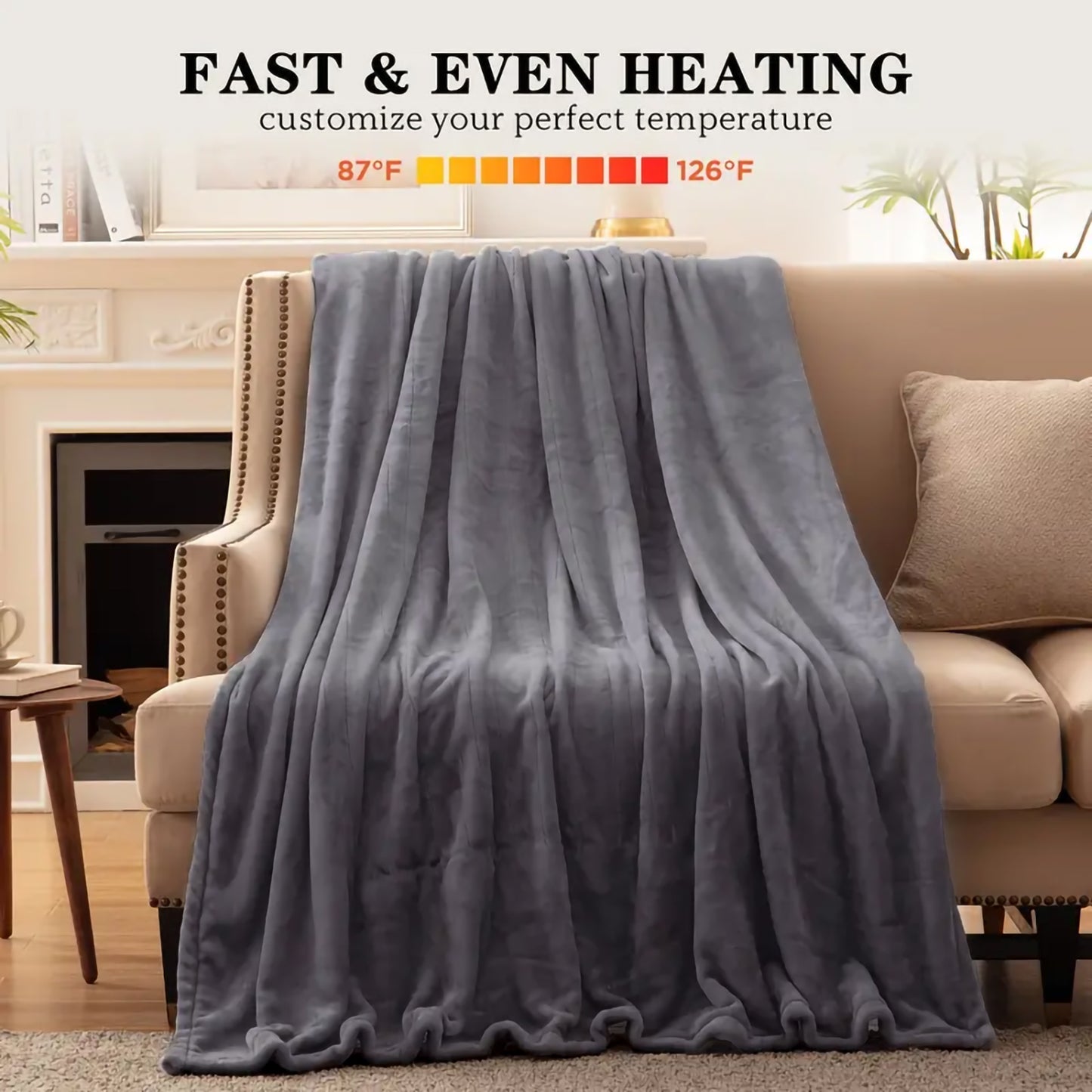 Luxurious grey heated throw blanket draped over a sofa offering fast  even heating