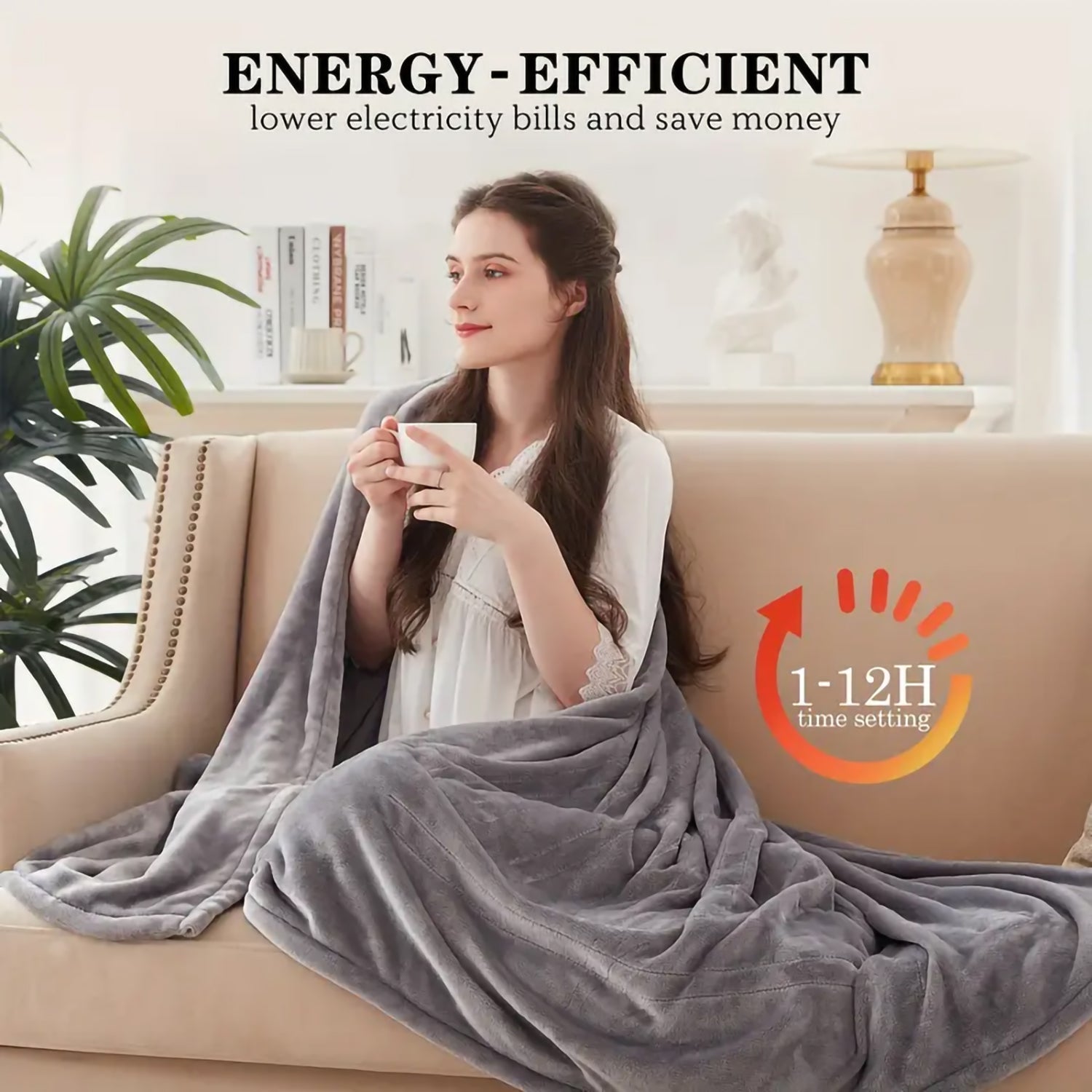 Cozy grey electric blanket with plush texture draped over woman on sofa showing H timer
