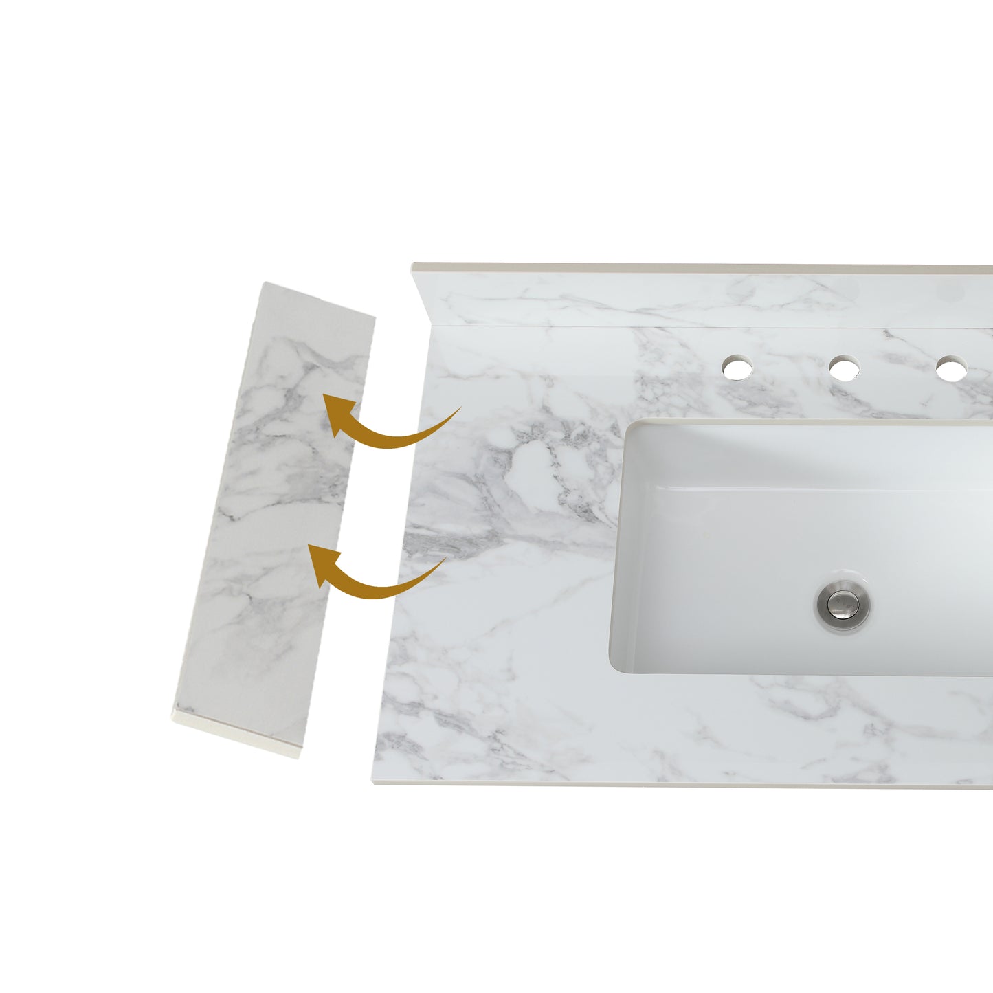 White marble vanity top with integrated rectangular sink and three faucet holes