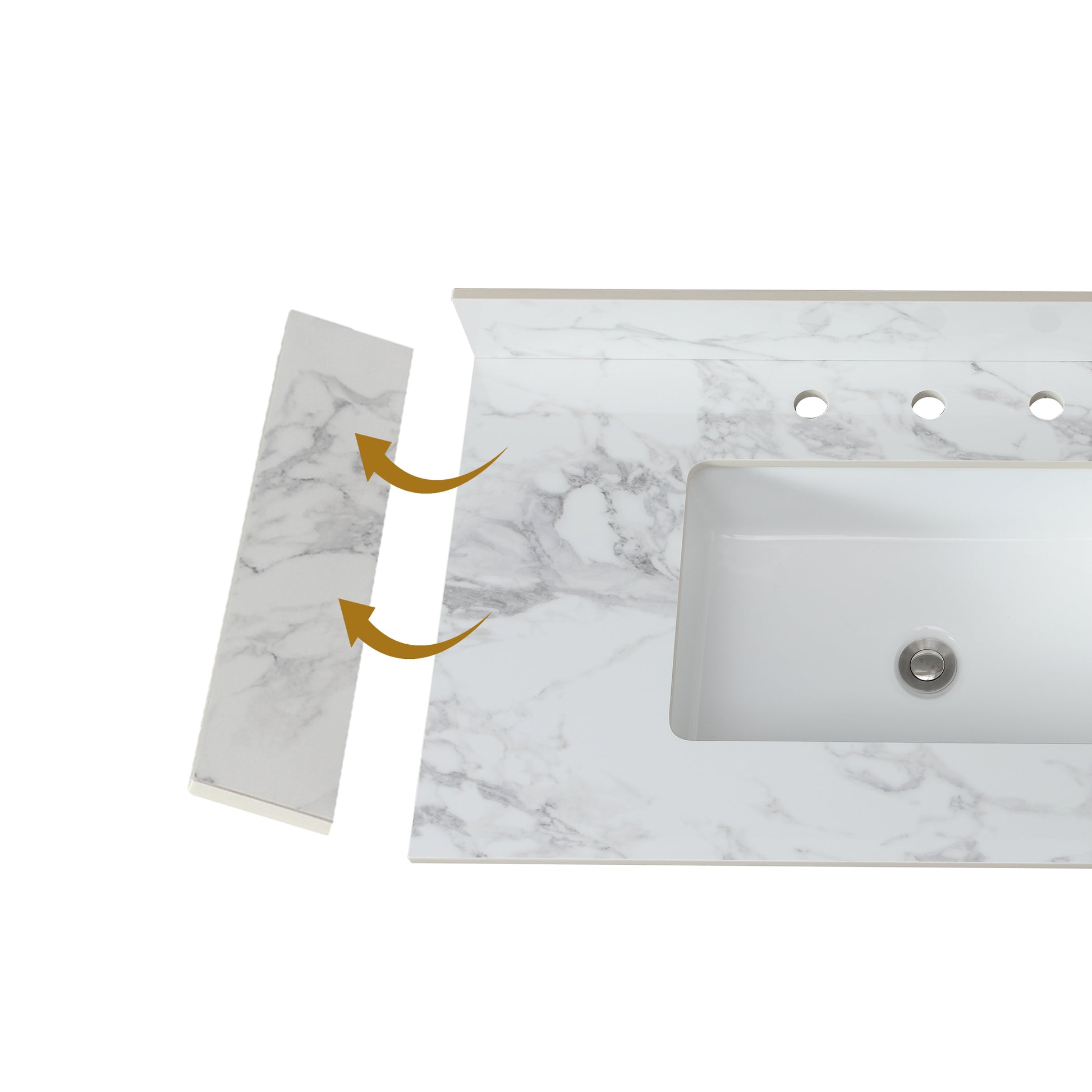 White marble vanity top with integrated rectangular sink and three faucet holes