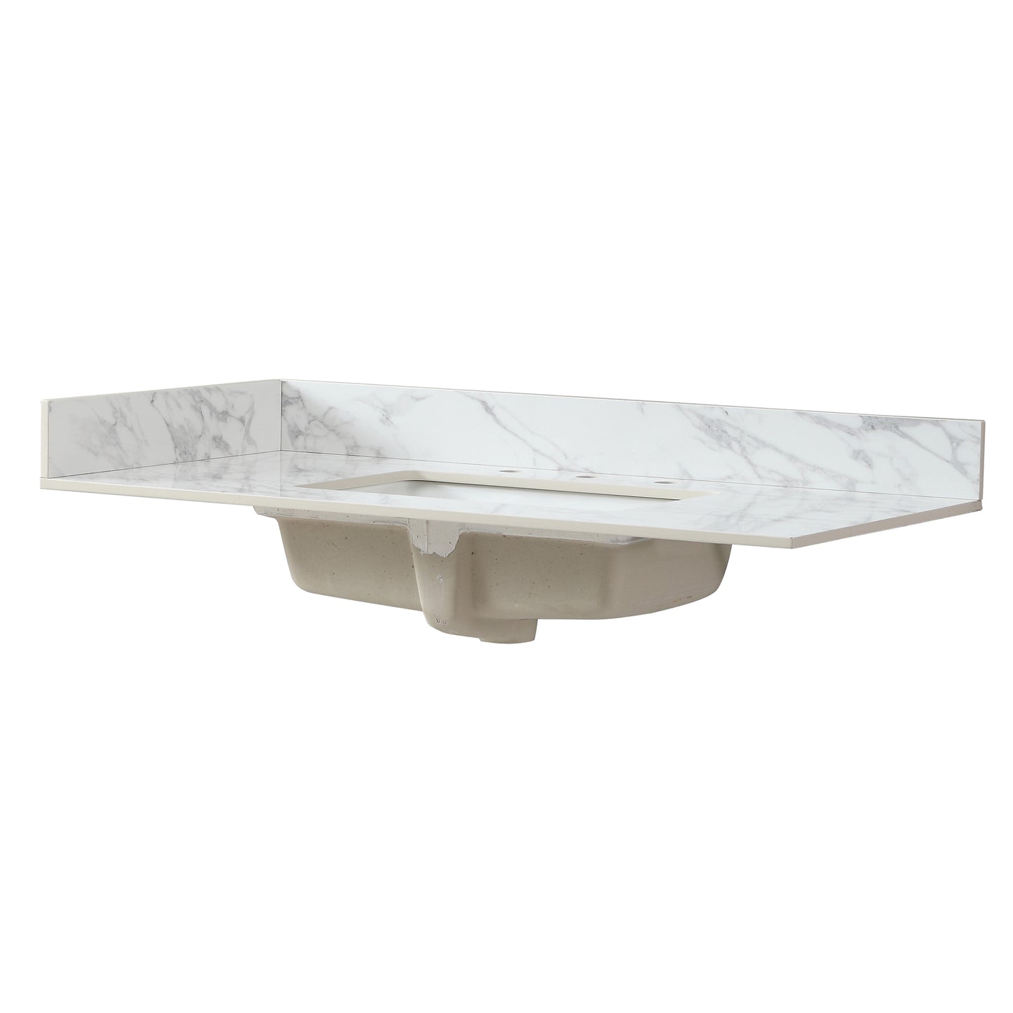 White marble vanity top with a double sink basin and predrilled faucet holes