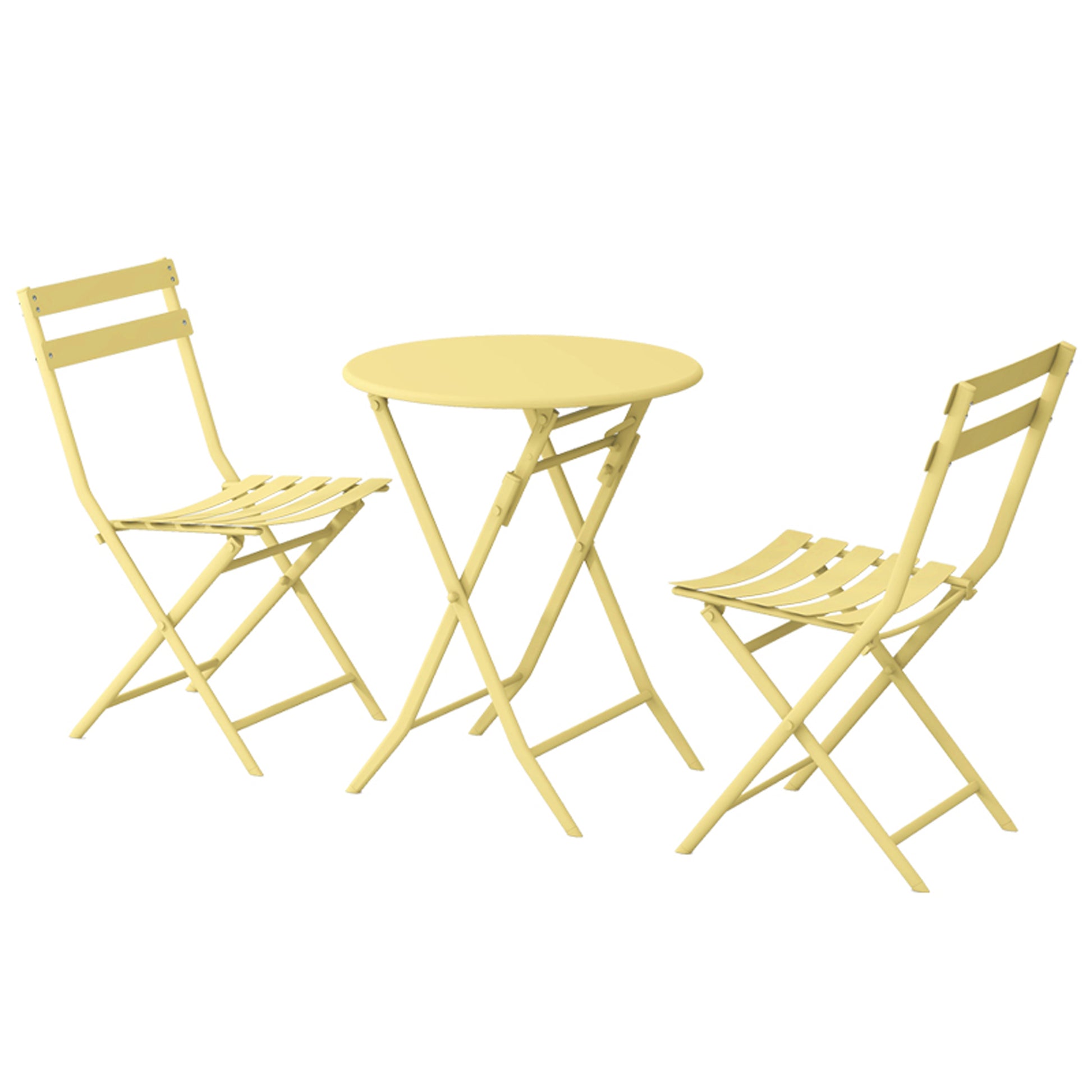 Yellow metal folding bistro set with round table and two chairs for outdoor use