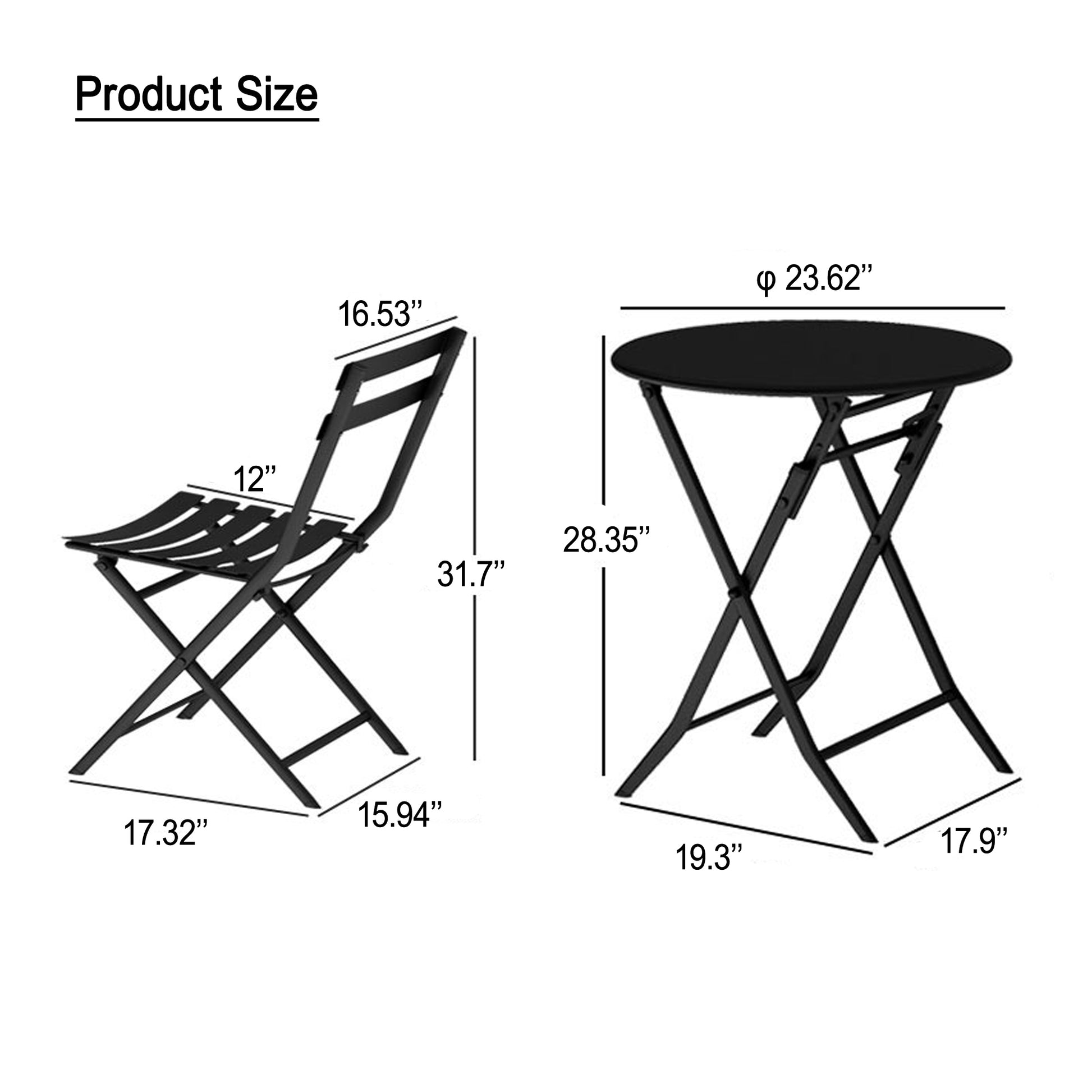 Black metal folding bistro chair with curved seat  H