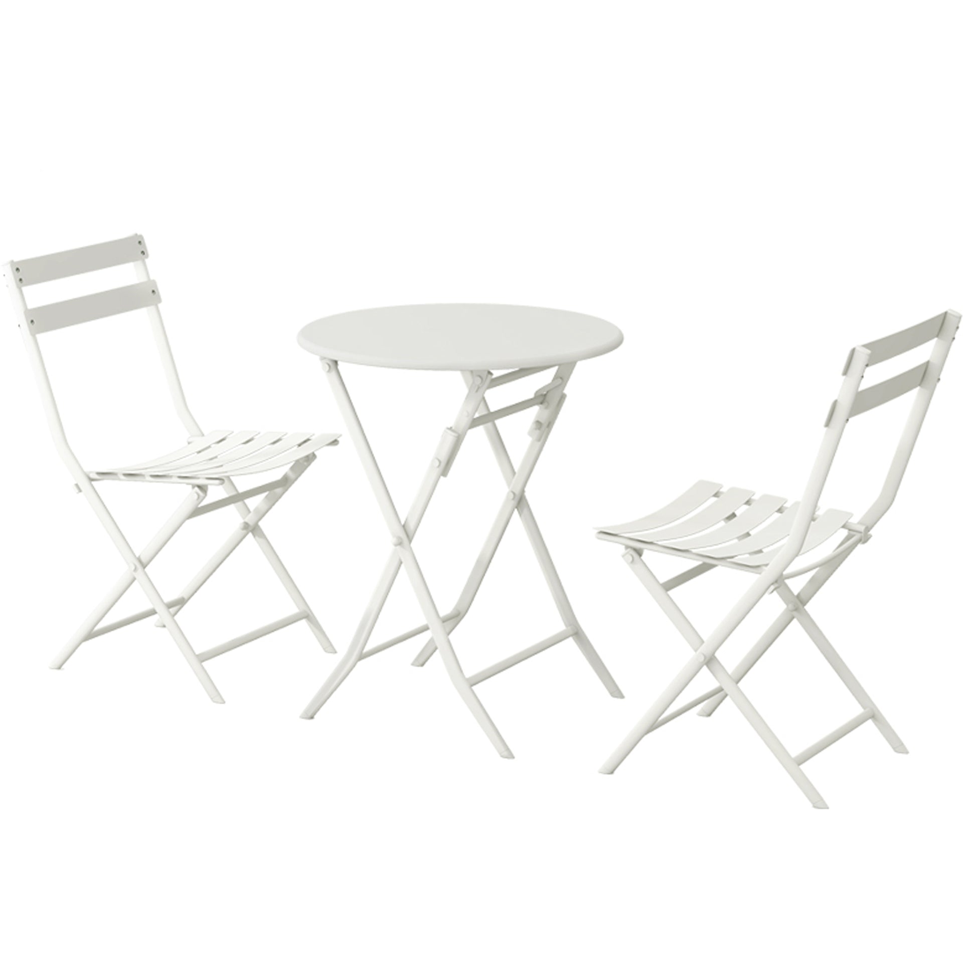 White metal folding bistro set with round table and two slatted chairs