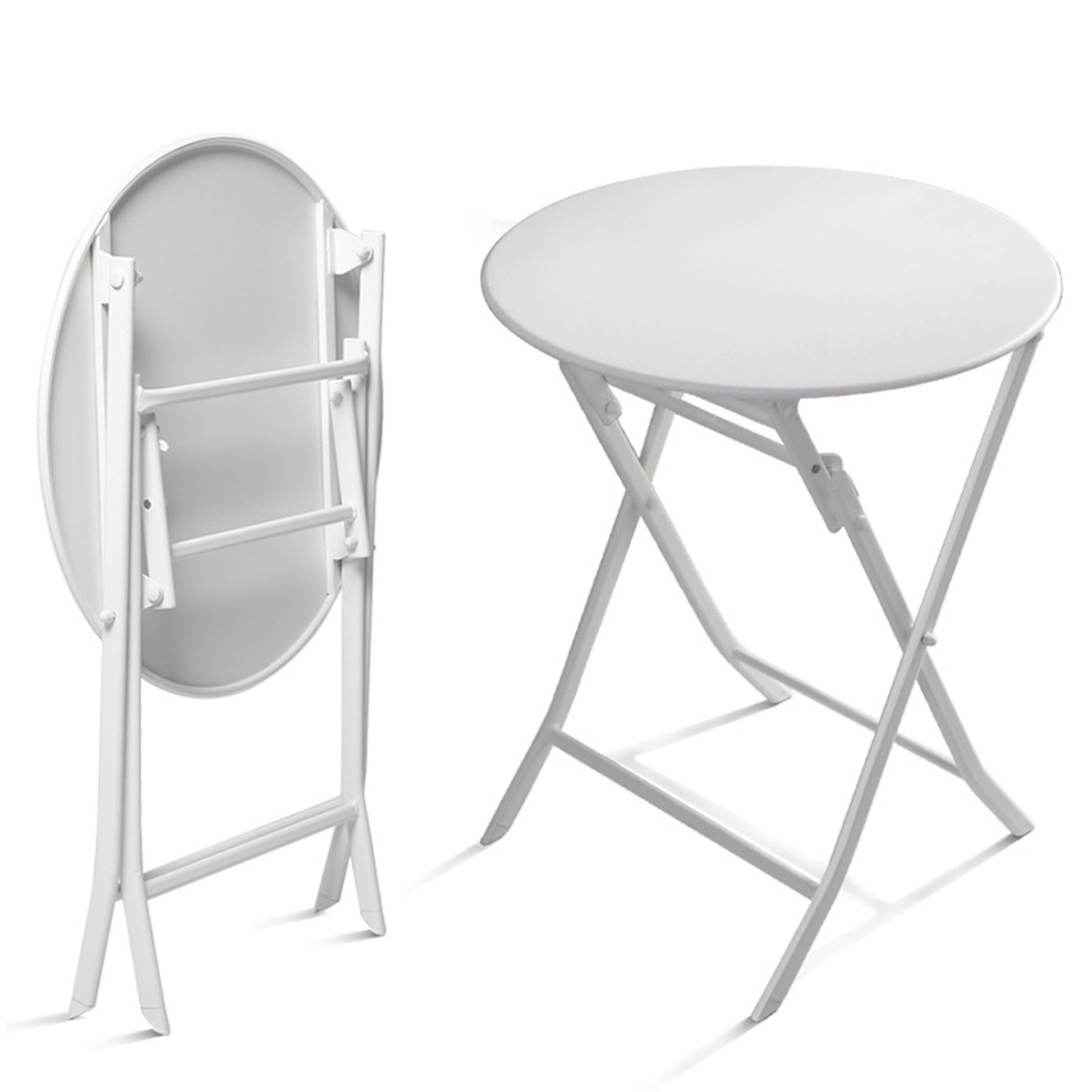 White round metal folding table compact and portable for outdoor use