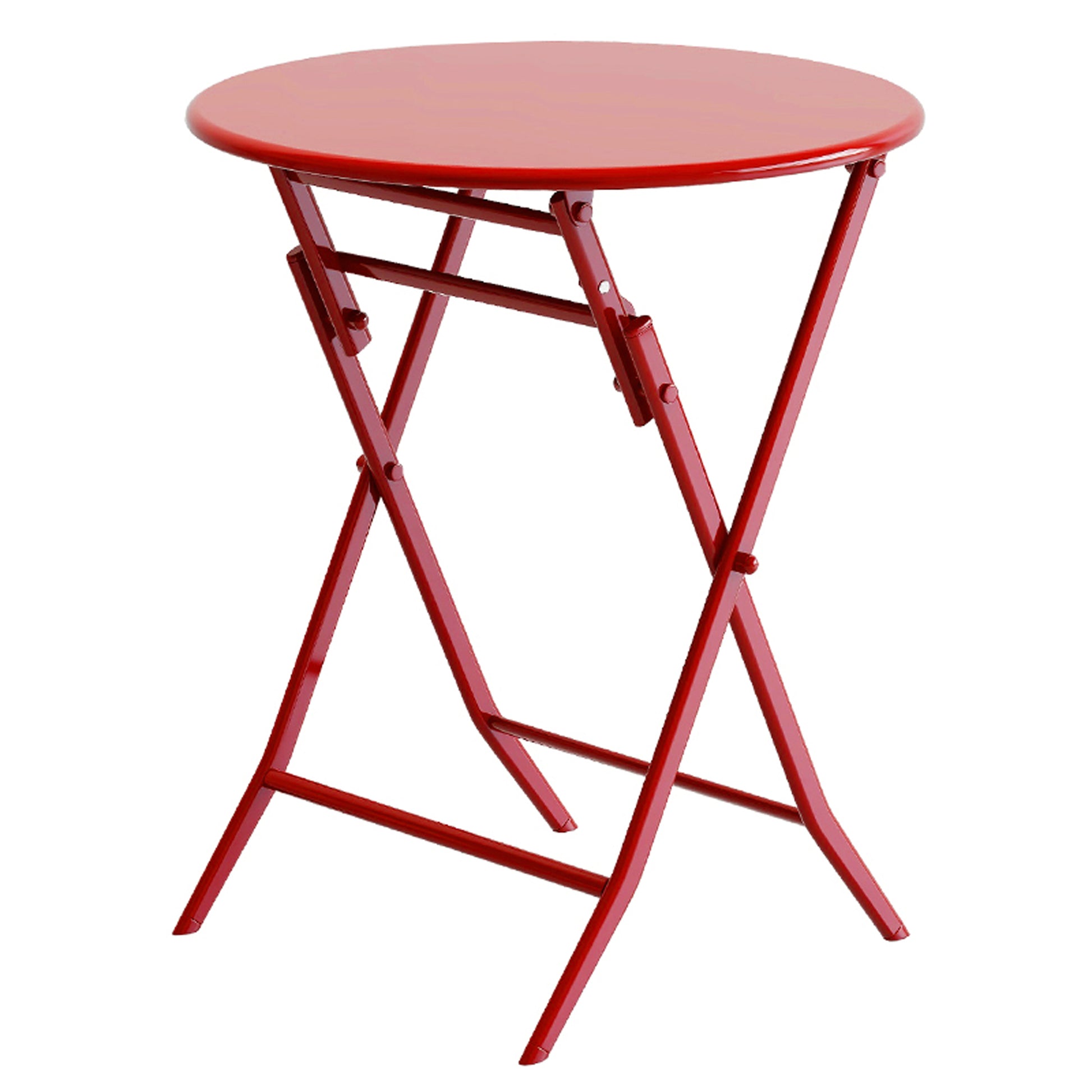 Red round metal bistro table with folding Xshaped legs perfect for outdoor use