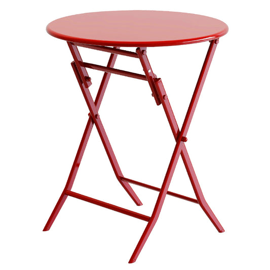 Red round metal bistro table with folding Xshaped legs perfect for outdoor use