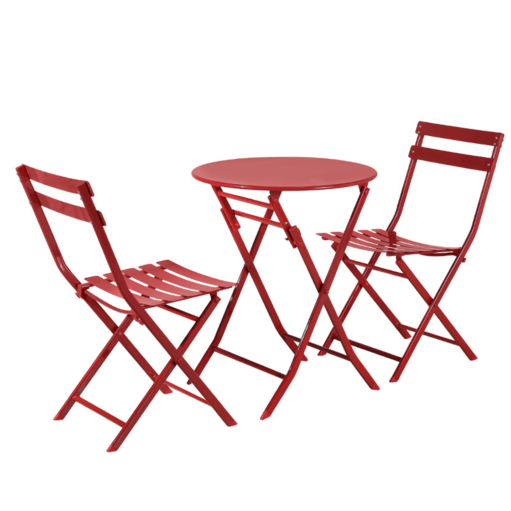 Red metal bistro set with round table and two chairs