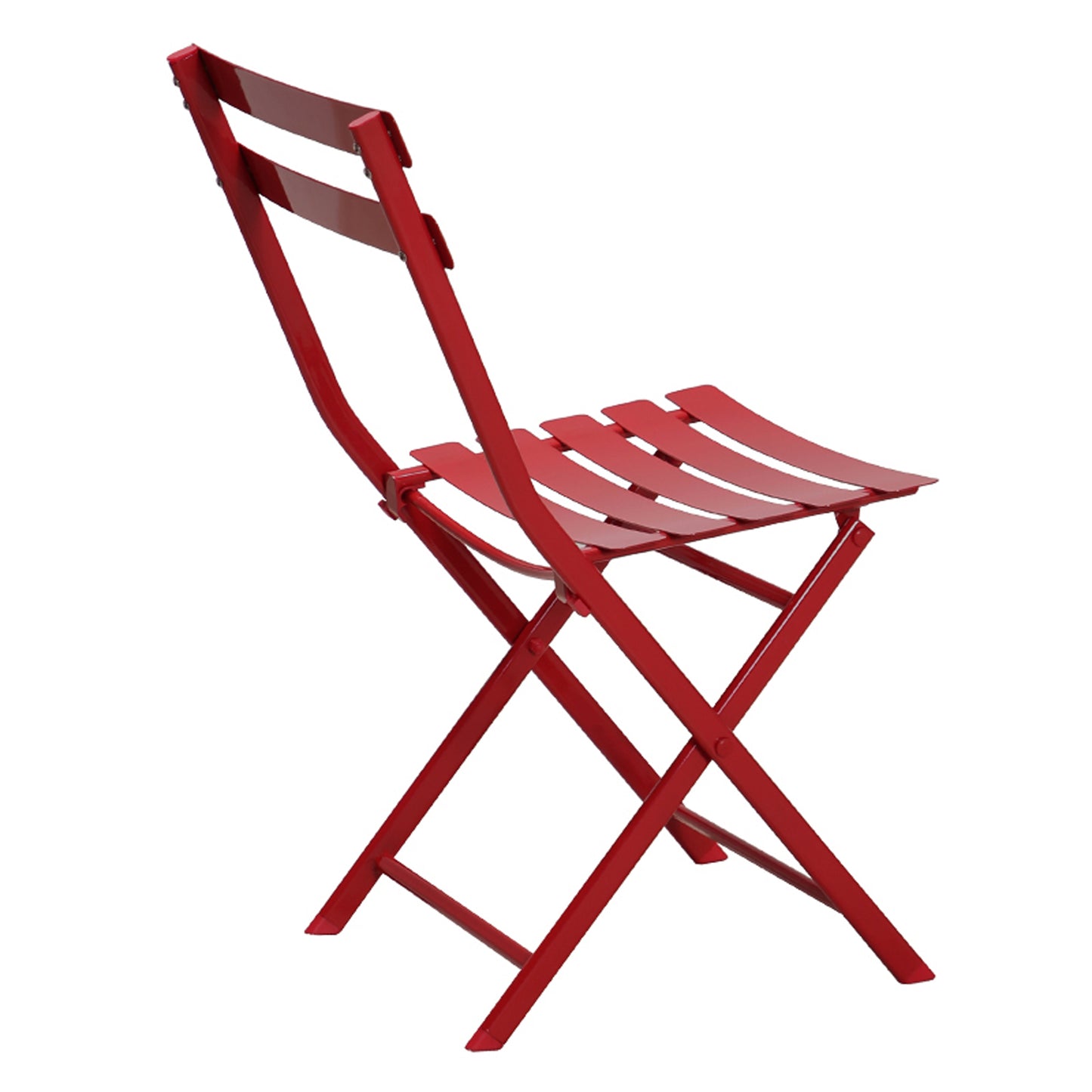 Red metal folding chair with slatted seat and back ideal for outdoor seating