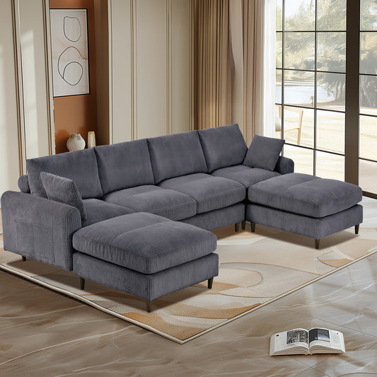 Deep charcoal grey corduroy sectional sofa with chaise lounge modern living room furniture