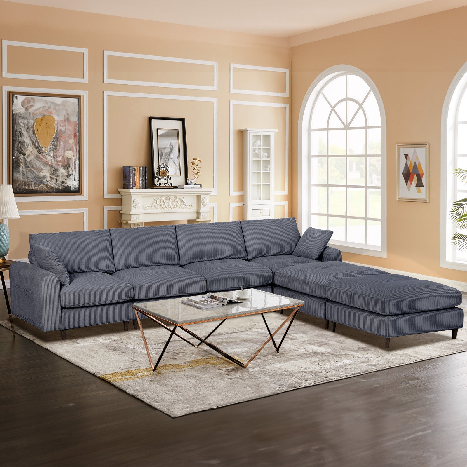 Dark grey corduroy sectional sofa with chaise lounge for living room comfort