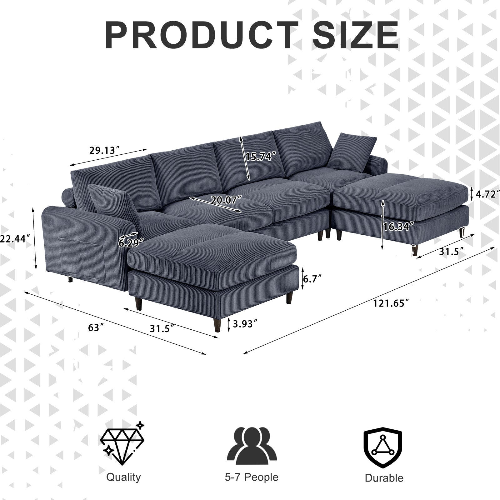 Navy corduroy sectional sofa with chaise and ottoman featuring precise measurements for a spacious living room