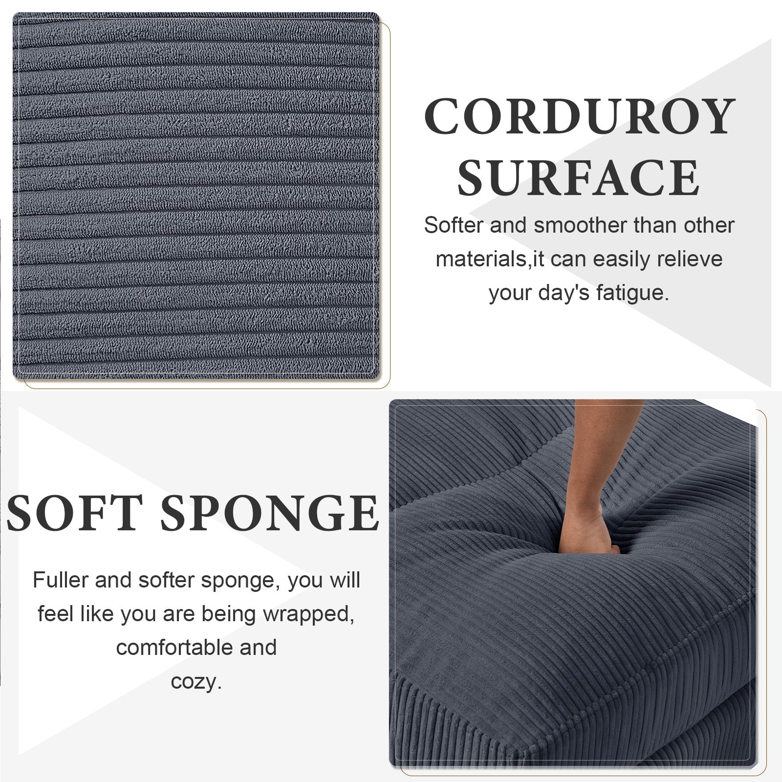 Dark gray corduroy fabric closeup showing ribbed texture perfect for upholstery