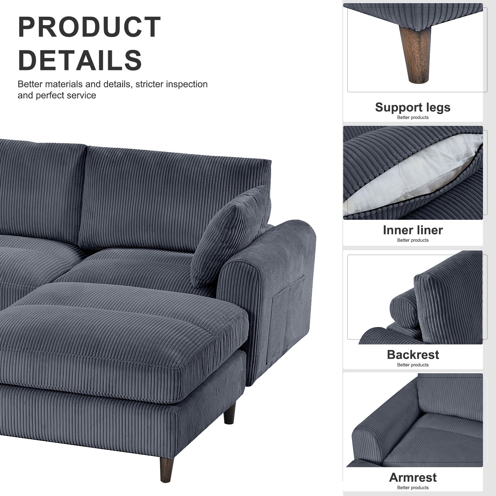 Dark gray corduroy sectional sofa with chaise plush cushions and wooden legs