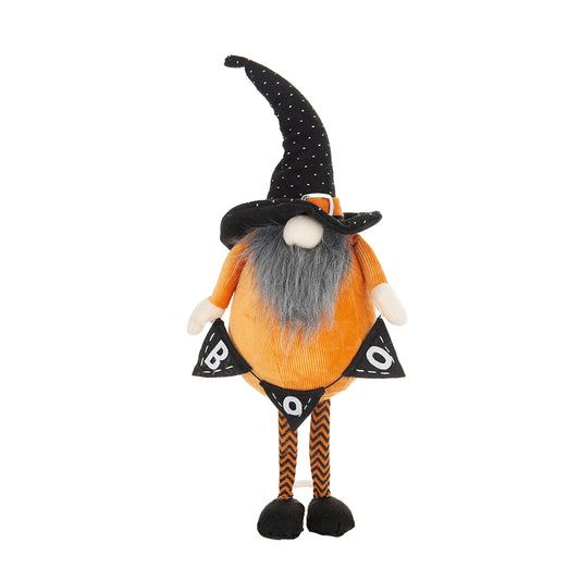 Orange Halloween gnome with black polka dot hat and striped legs