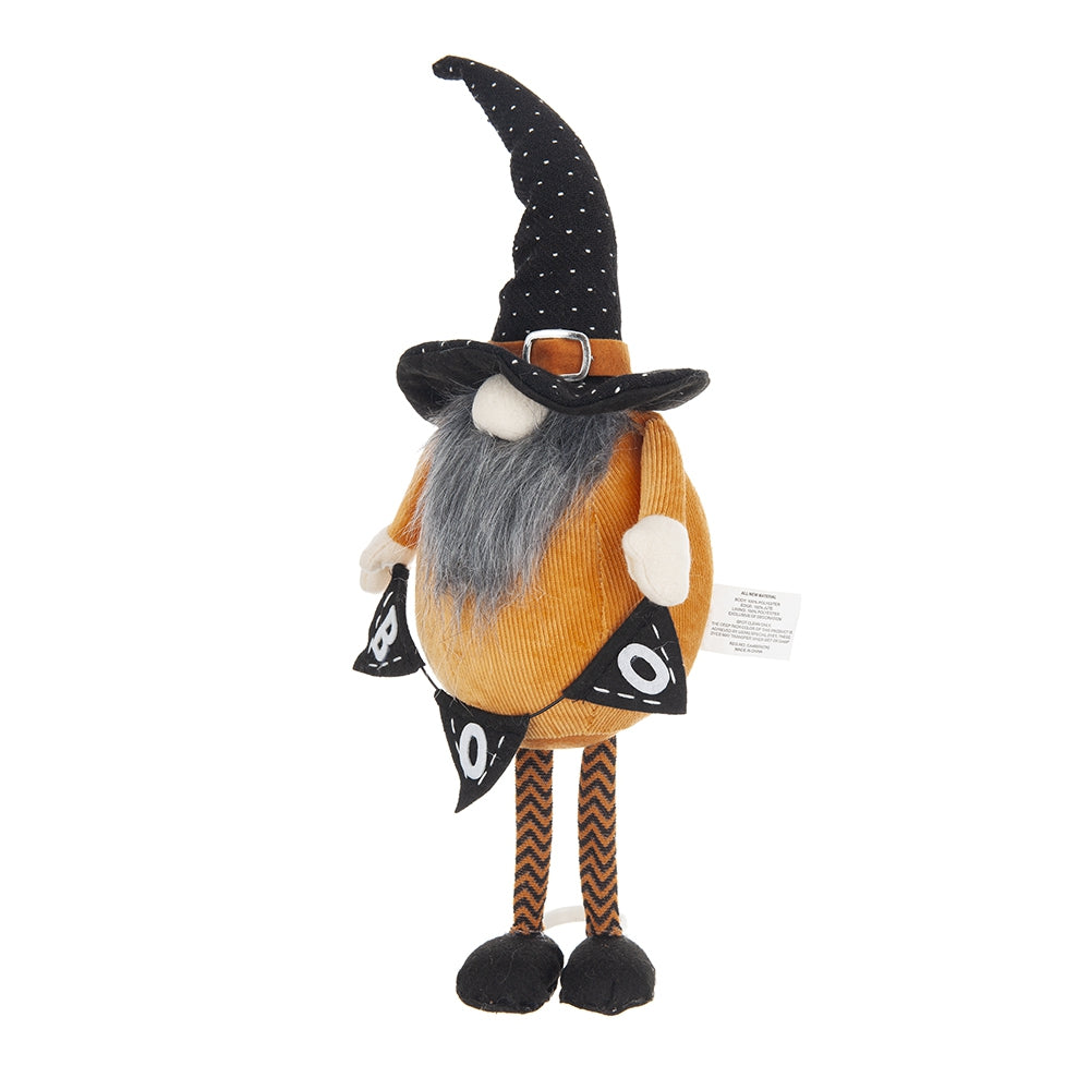 Plush Halloween gnome in orange corduroy holding BOO banner with polka dot witch hat