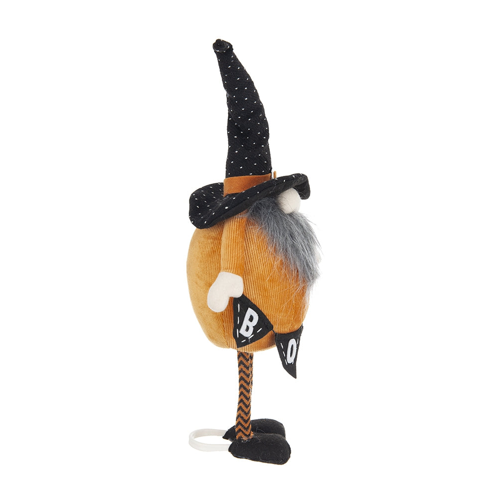 Orange corduroy Halloween gnome with polka dot witch hat and BOO banner