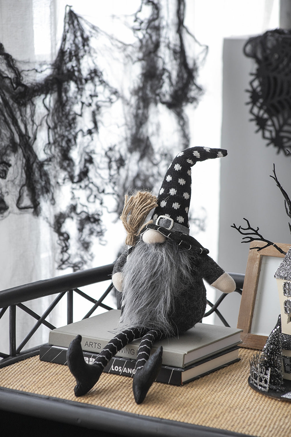 Halloween gnome decoration with gray beard and black polka dot hat