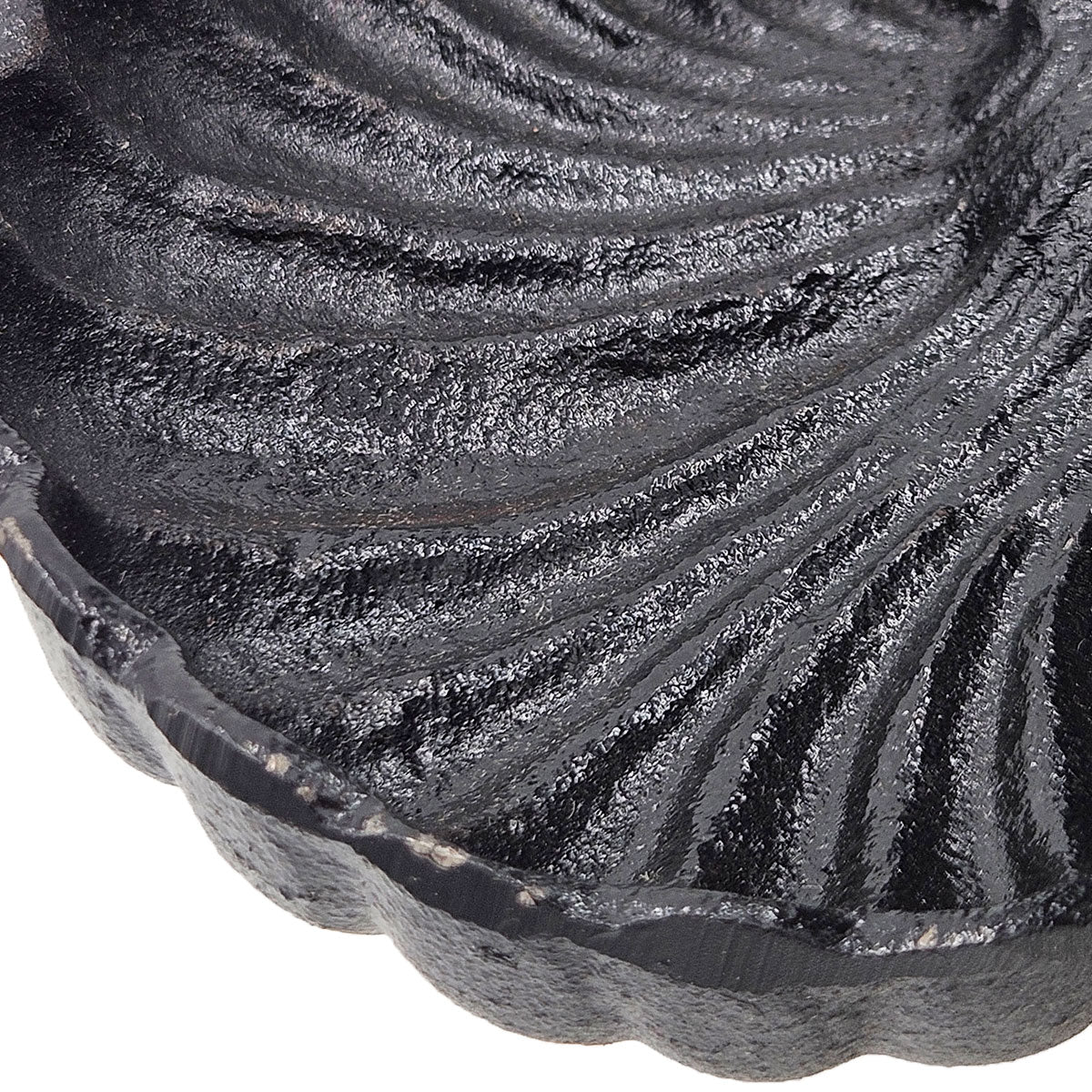 Textured black cast iron bird bath with radiating ripple pattern