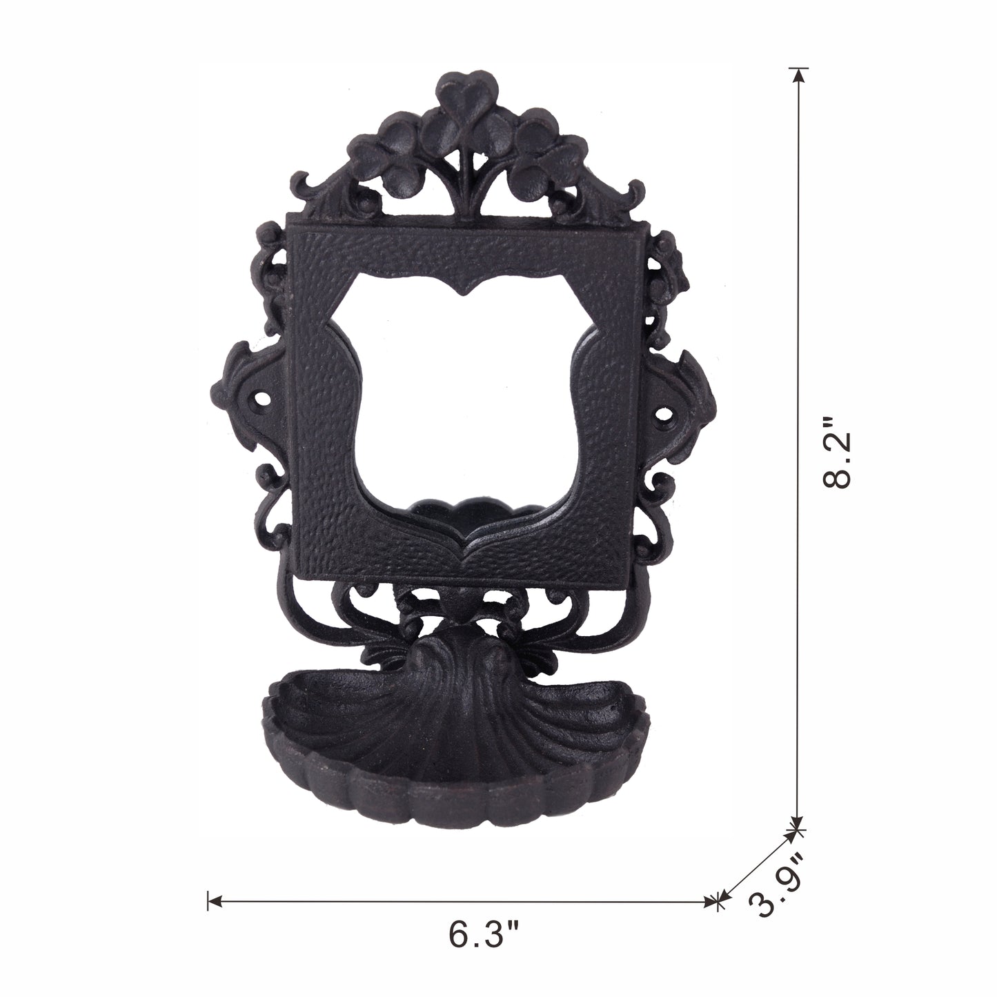 Ornate black cast iron wallmounted mail holder with decorative shell base and floral crest