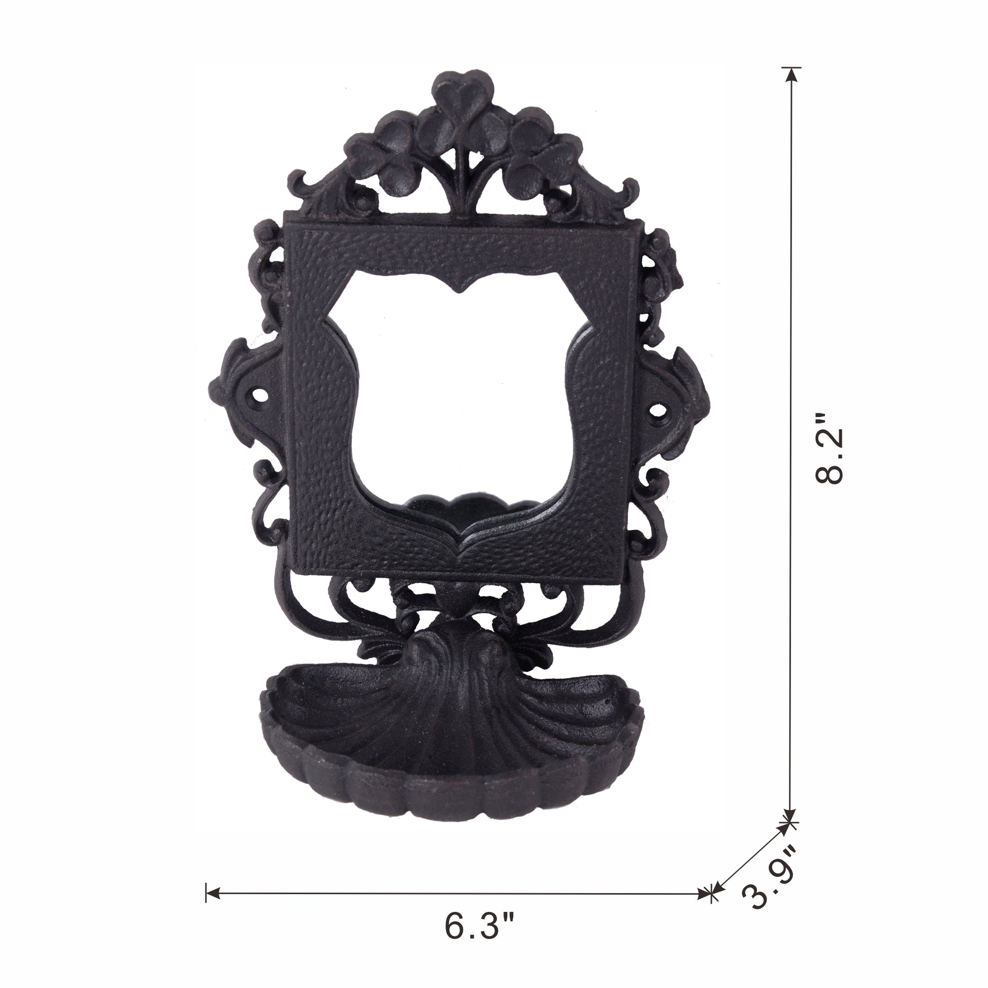 Ornate black cast iron wallmounted mail holder with decorative shell base and floral crest