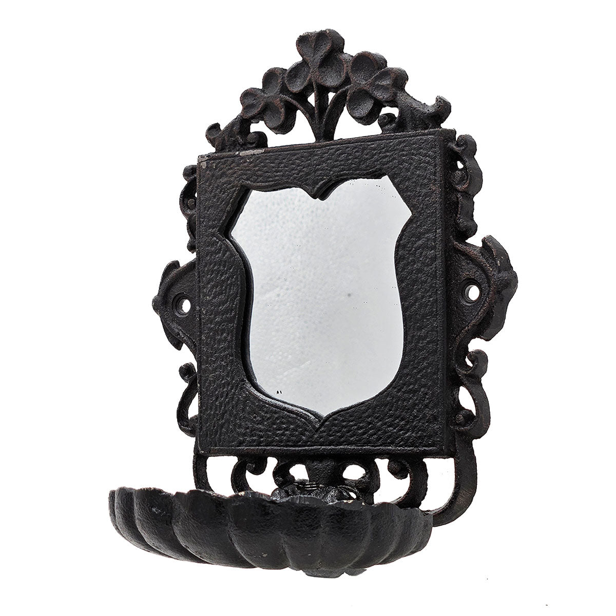 Antique cast iron wall mirror with ornate floral frame and soap dish