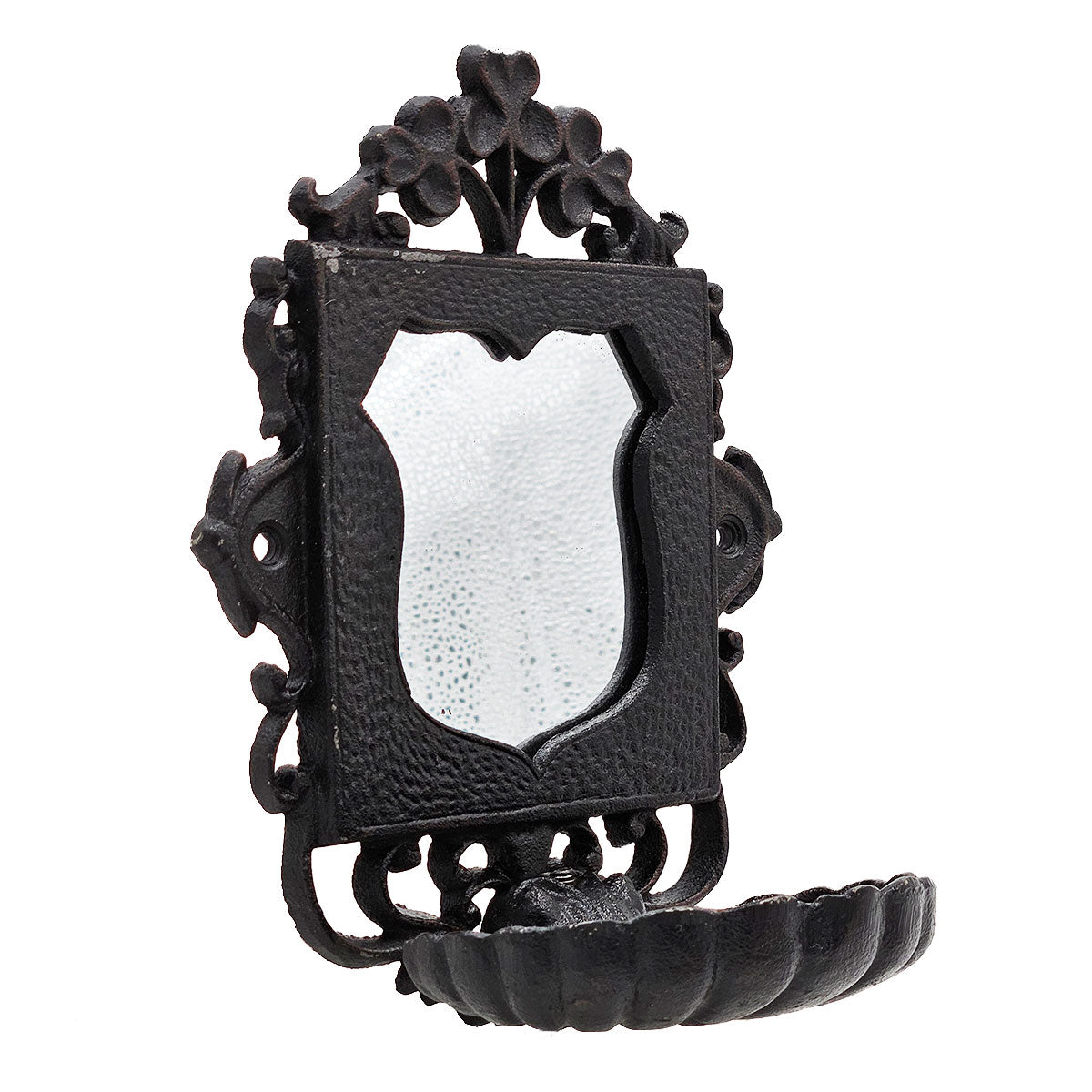 Ornate black cast iron wall sconce with small frosted mirror and shellshaped holder