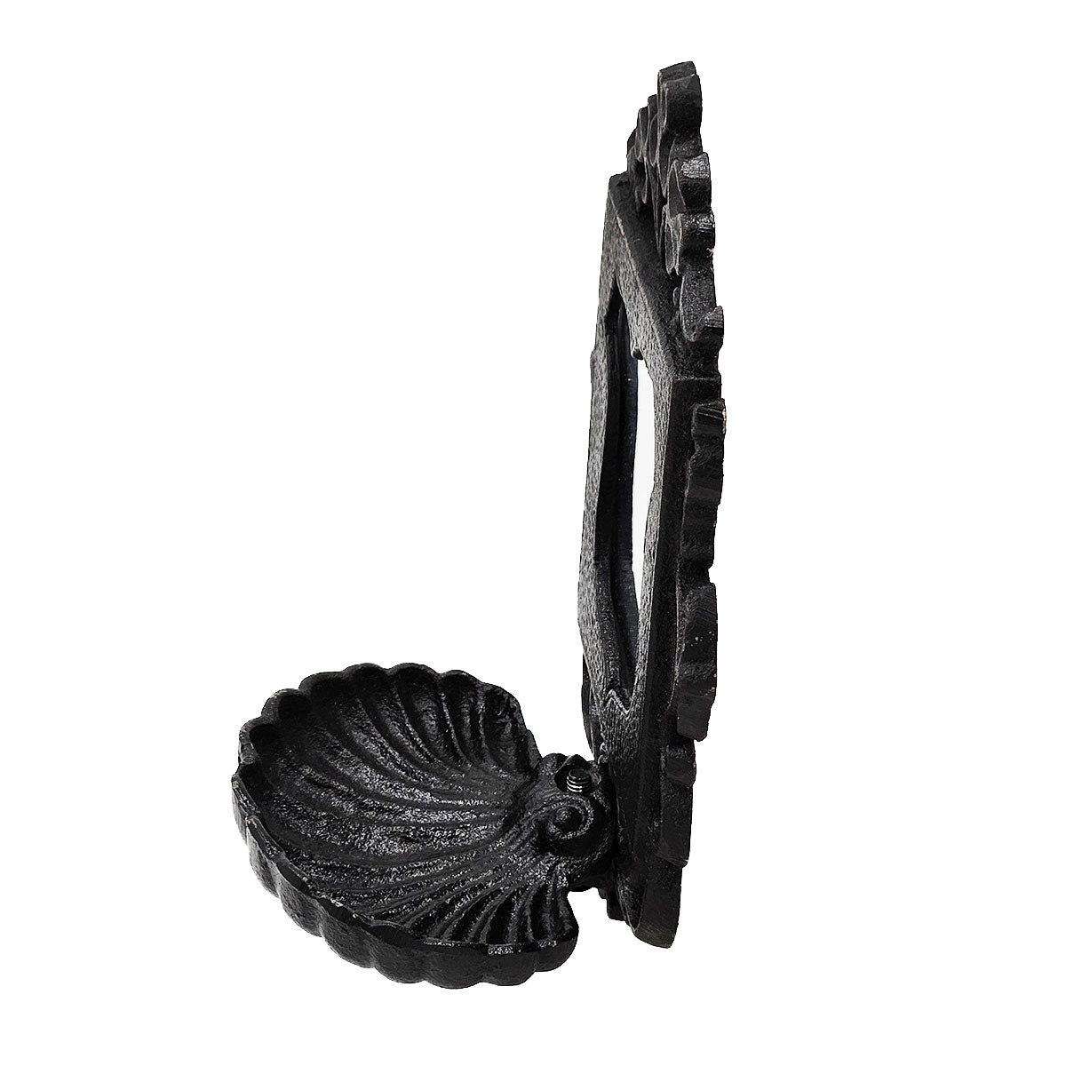 Black cast iron seashell soap dish with decorative frame mount