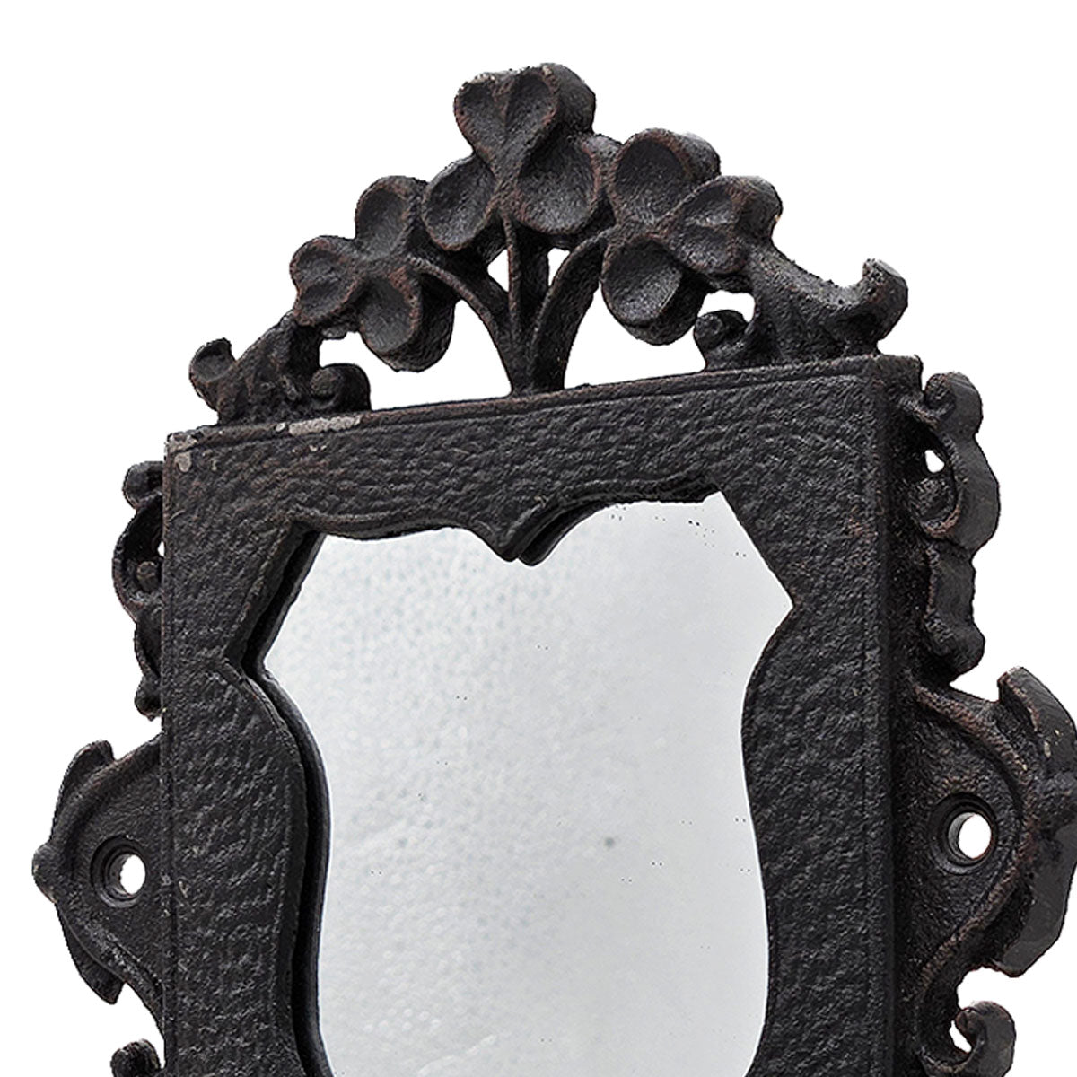 Ornate black cast iron wall mirror with clover design accent