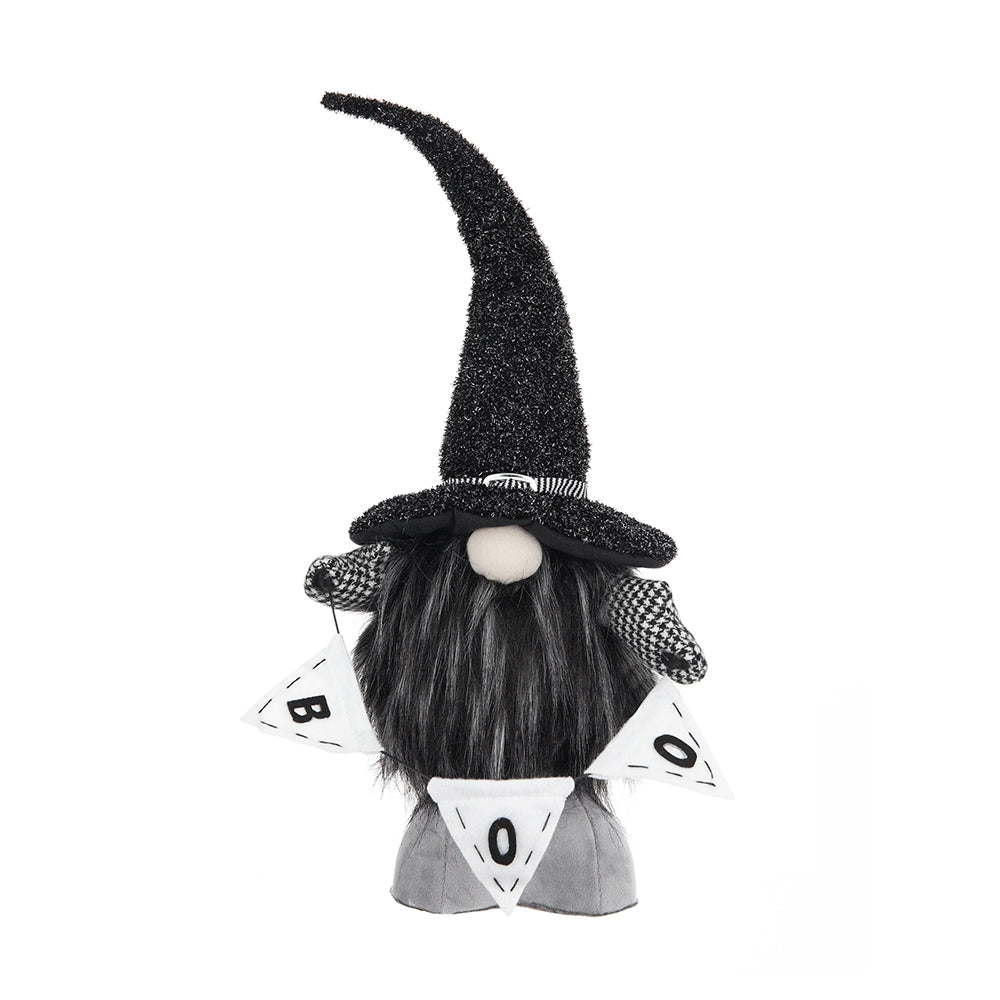 Black glitter witch hat gnome with grey beard and BOO banner