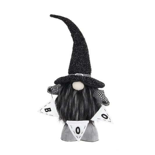 Black glitter witch hat gnome with grey beard and BOO banner