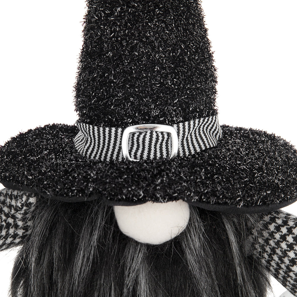Black Halloween gnome with glitter hat and striped band festive decor