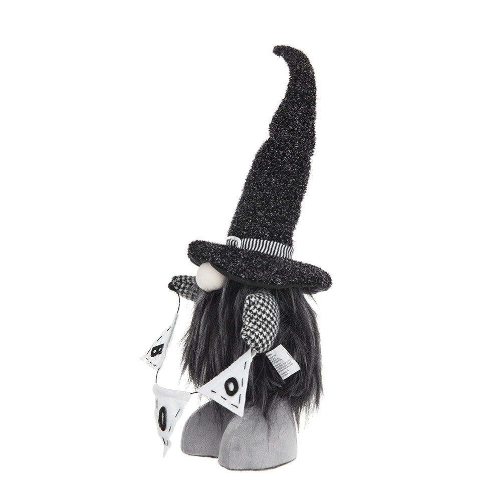 Black witch gnome with glitter hat and Boo banner perfect for Halloween decor