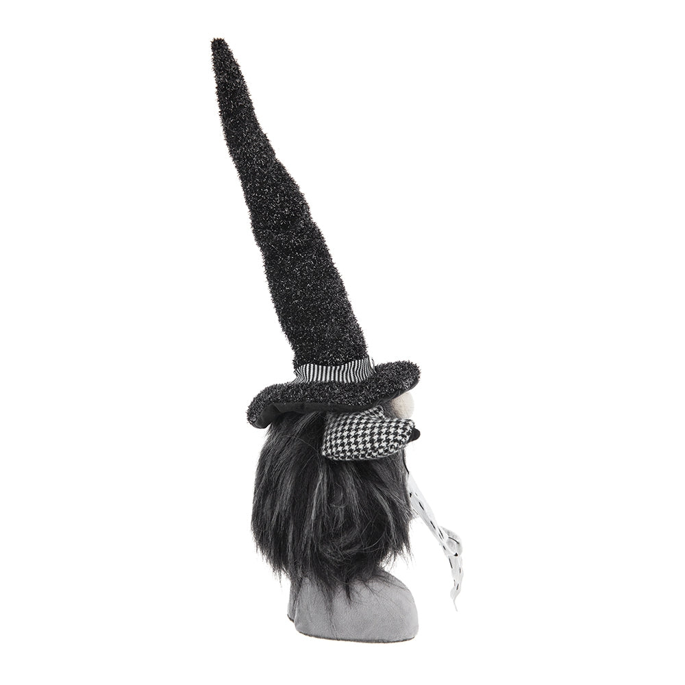 Black glitter witch gnome with grey beard and houndstooth scarf accent