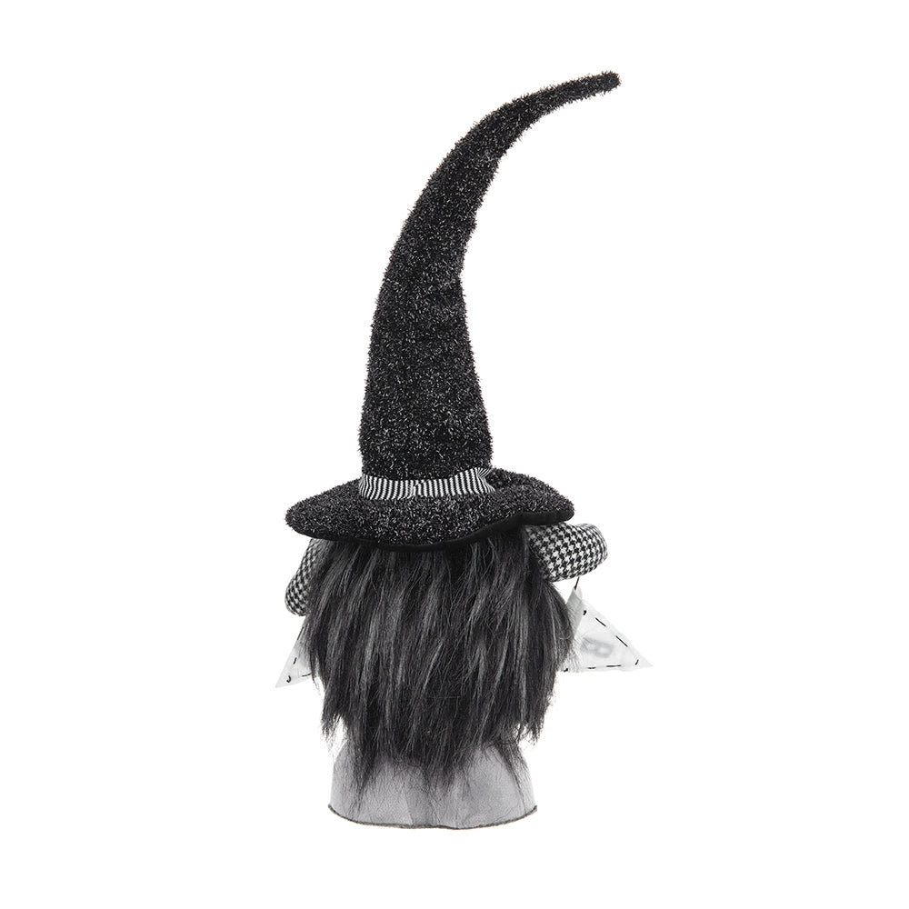 Black glitter witch gnome with grey beard and houndstooth accents
