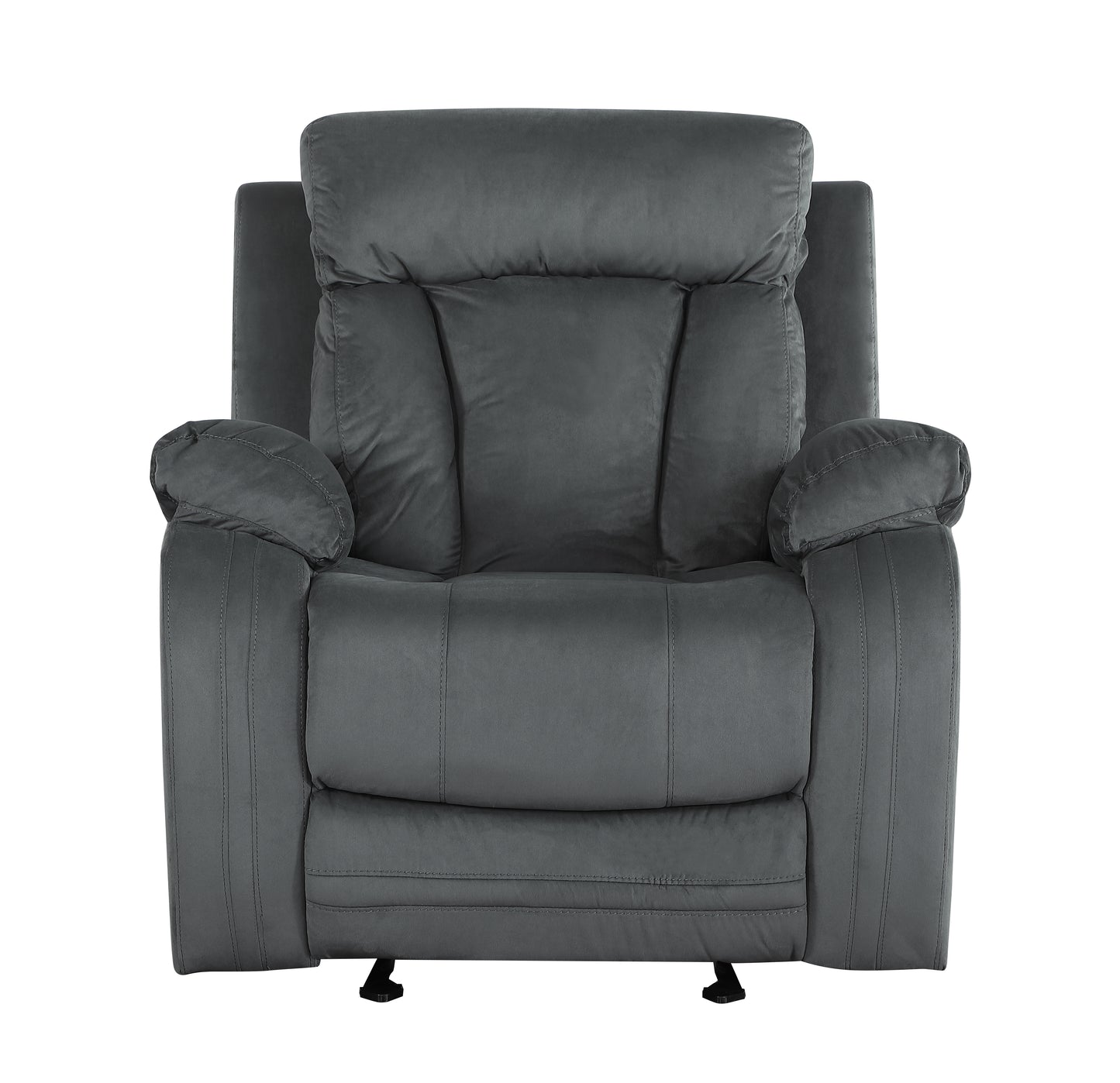 Plush grey upholstered recliner chair with padded arms and headrest