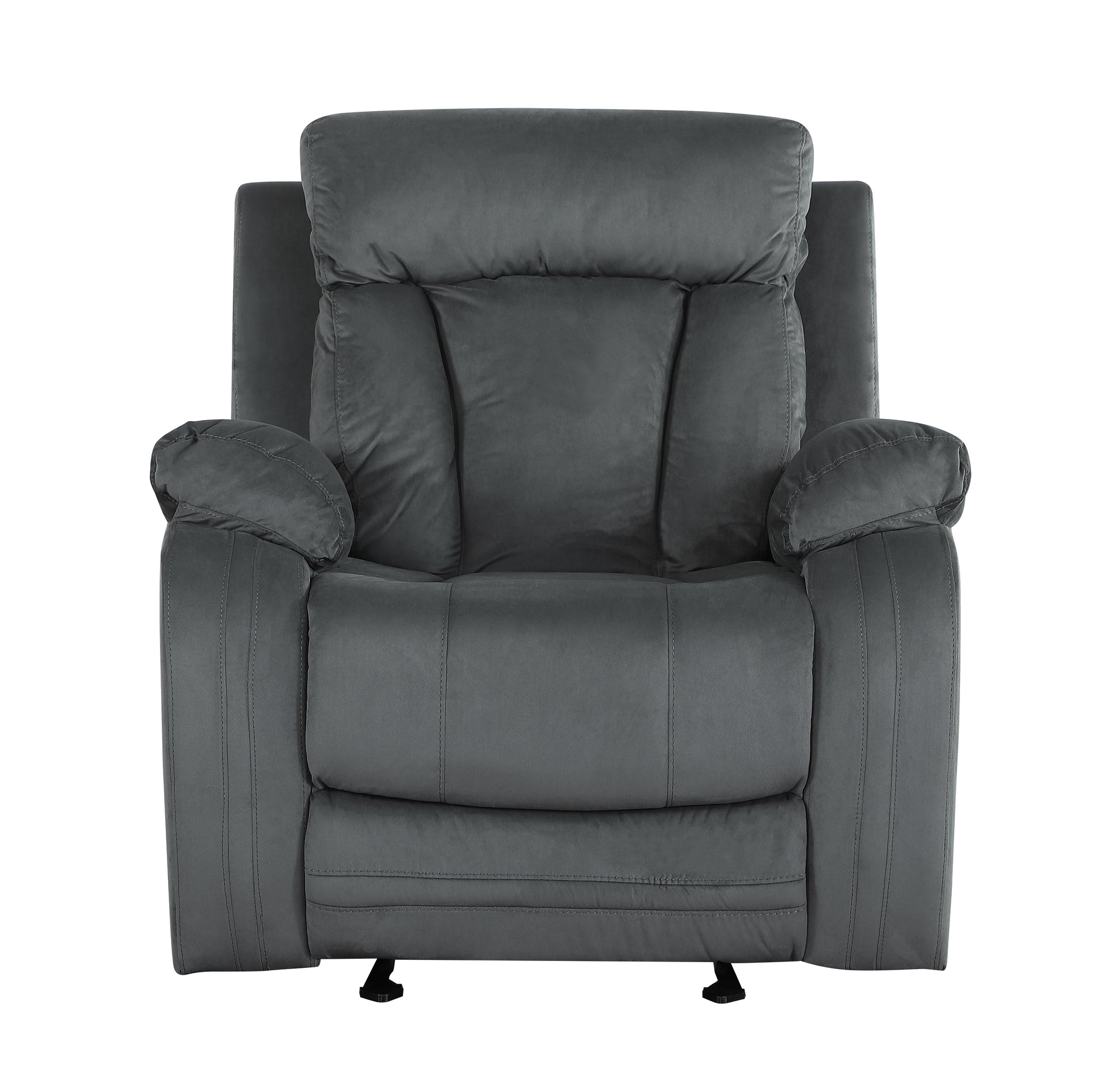 Plush grey upholstered recliner chair with padded arms and headrest