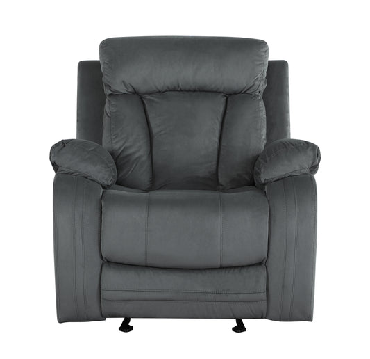 Plush grey upholstered recliner chair with padded arms and headrest