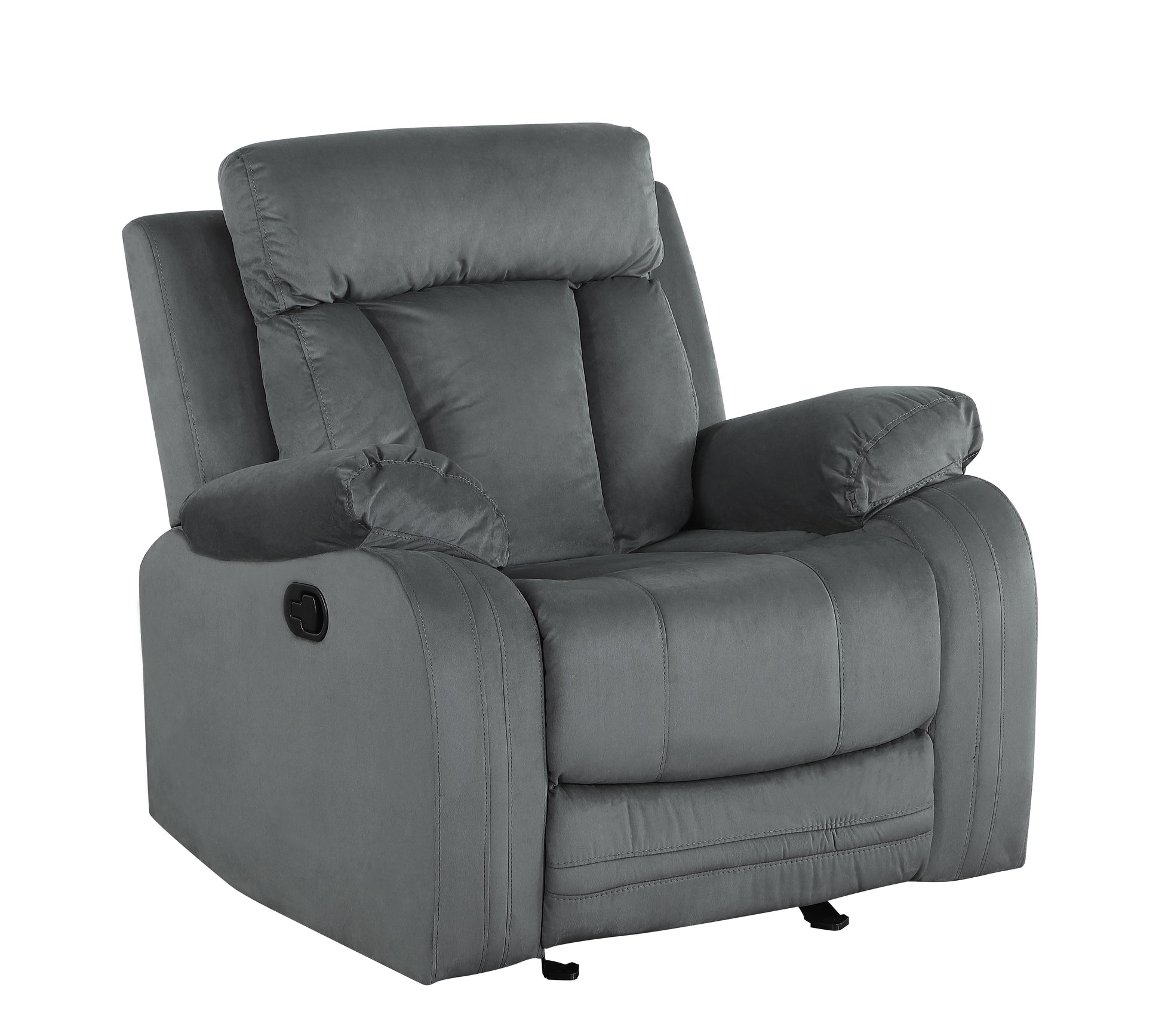 Grey fabric recliner chair with plush cushioning and side lever
