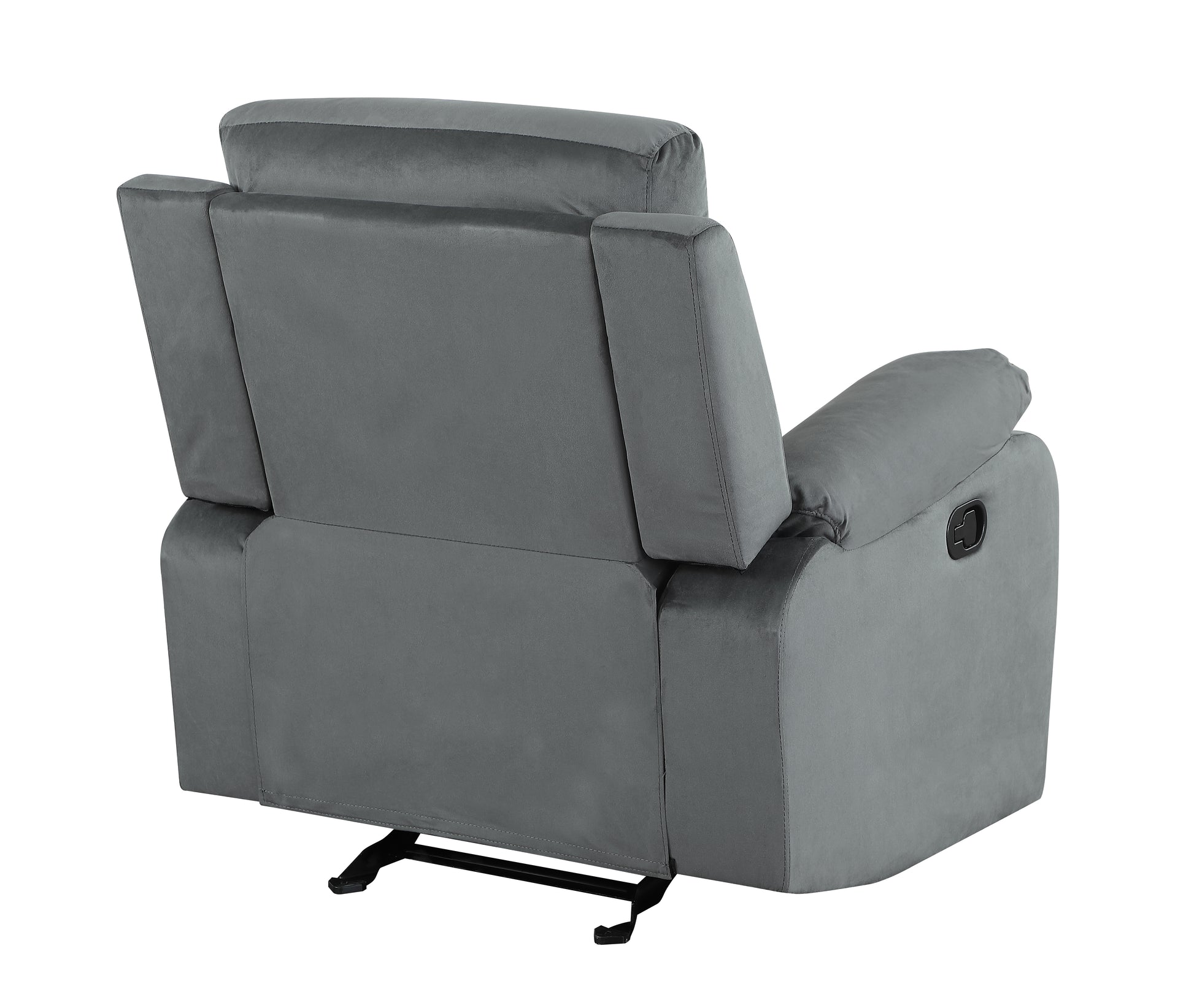 Grey velvet recliner chair with reclining mechanism visible