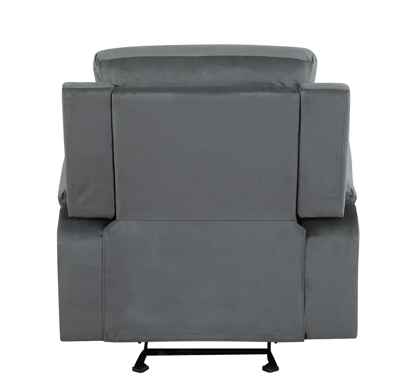 Gray velvet recliner chair viewed from the back with a metal base