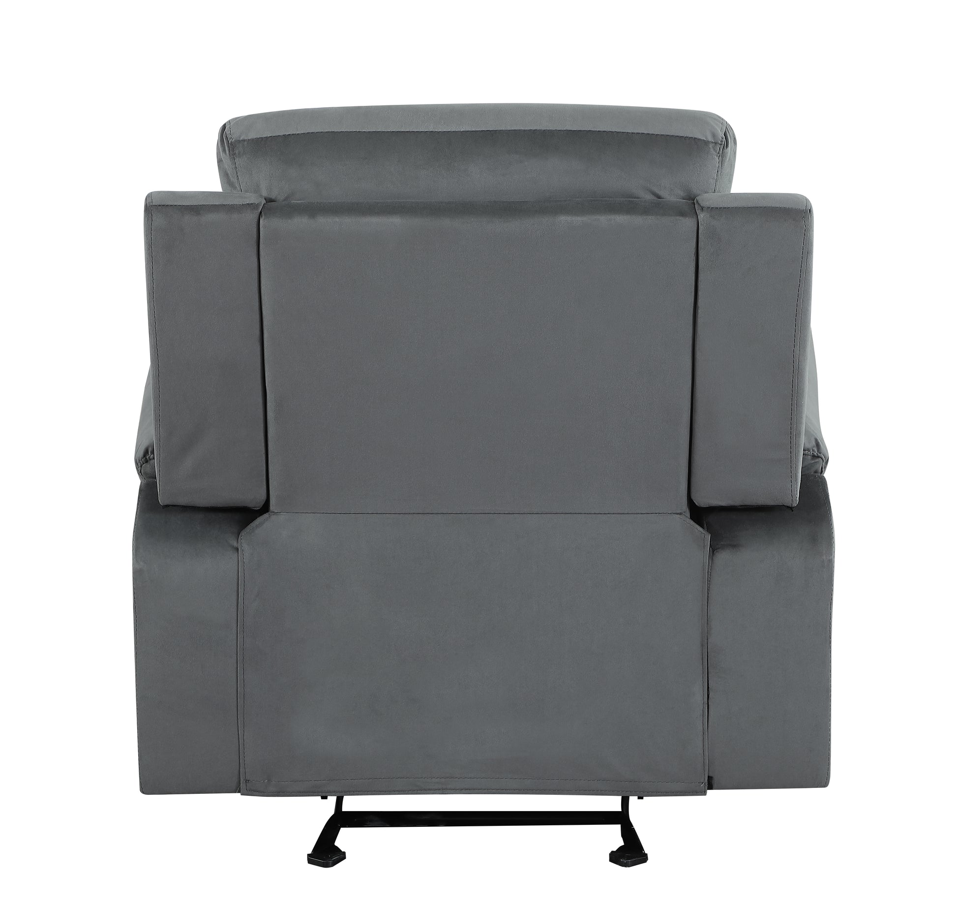 Gray velvet recliner chair viewed from the back with a metal base