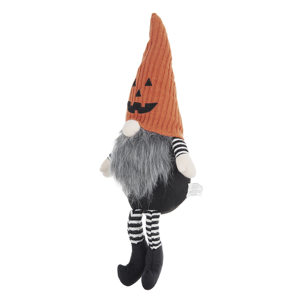 Halloween gnome with orange pumpkin hat grey beard and striped legs